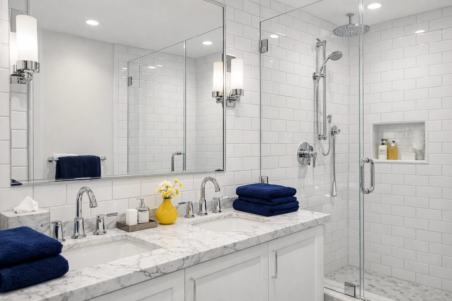 Sanitized Boston apartment bathroom featuring sparkling subway tiles and a clean vanity after move-in cleaning.
