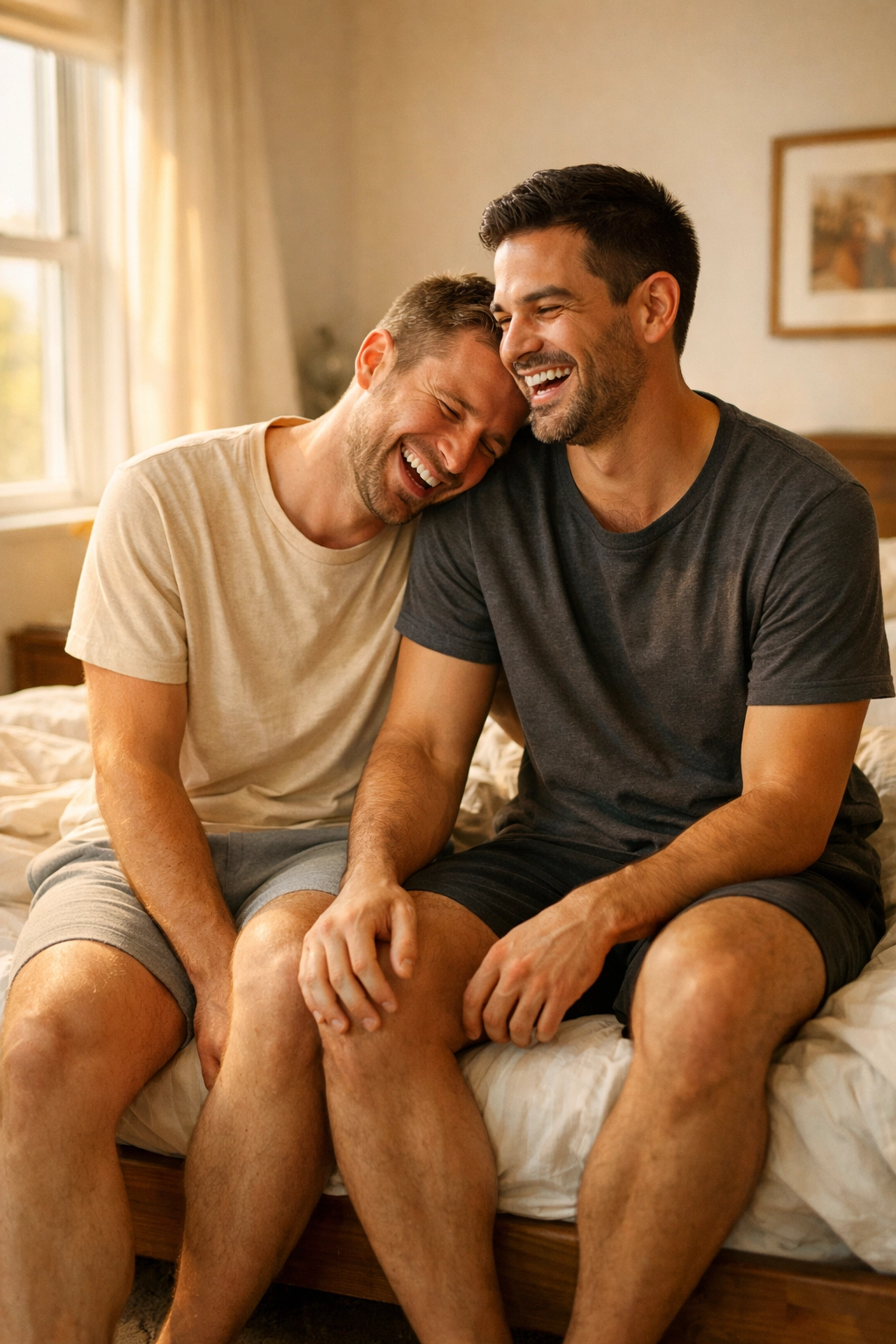 Two men sharing a laugh in a cozy bedroom, showing authentic character chemistry in gay love stories.
