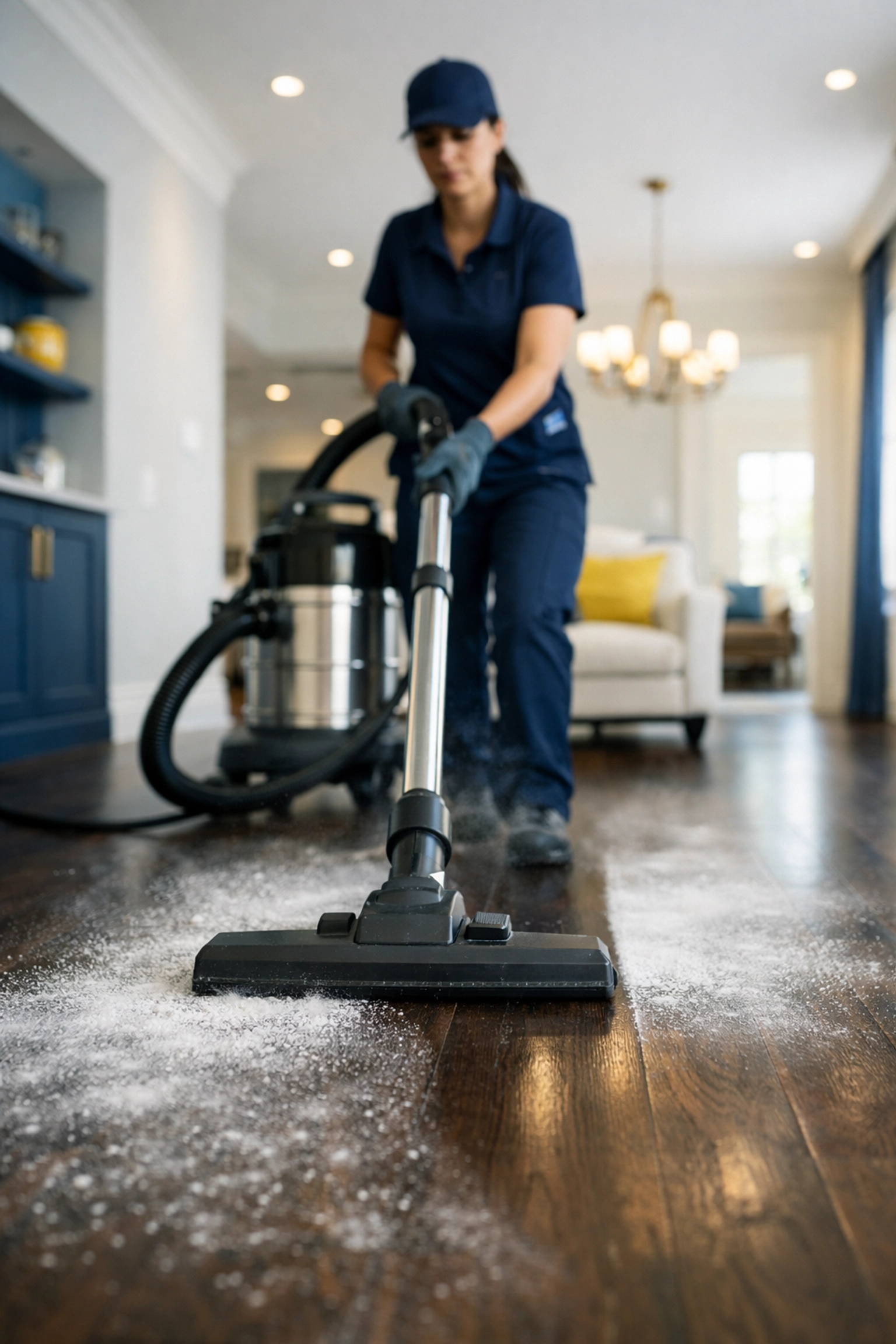 Professional cleaner removing drywall dust during post construction cleaning in Hudson.