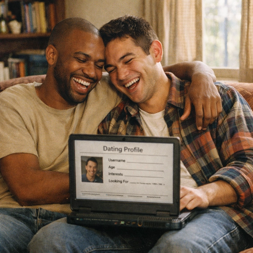 Gay couple celebrating their connection through 90s online dating site