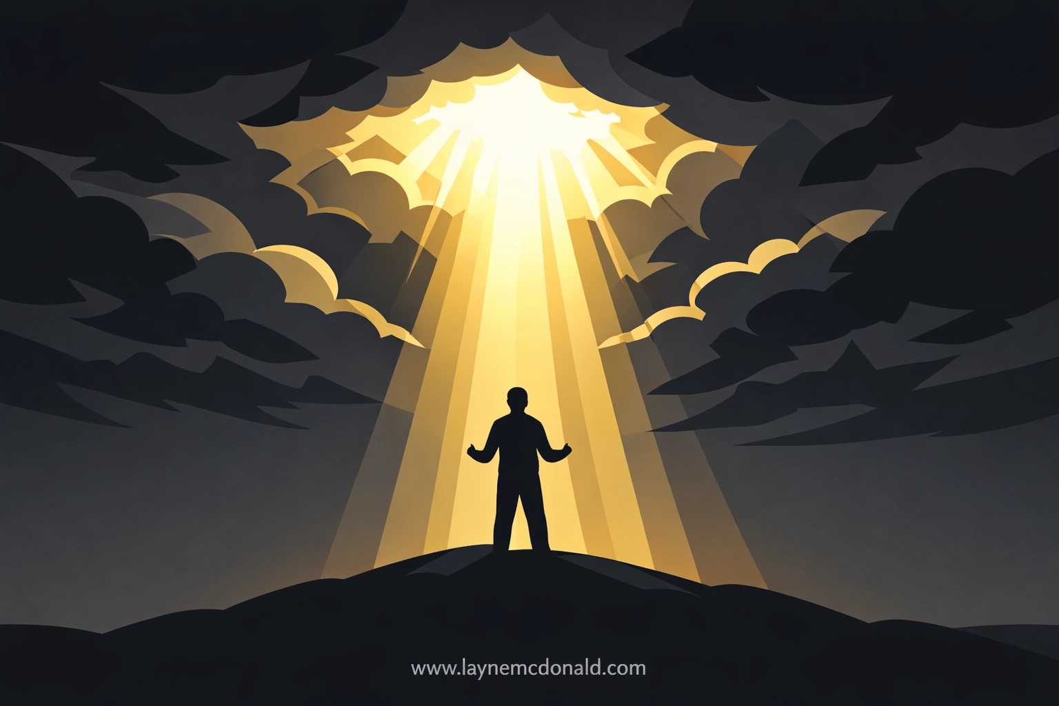 Figure gazing at divine light representing hope and redemption in Christian worldview
