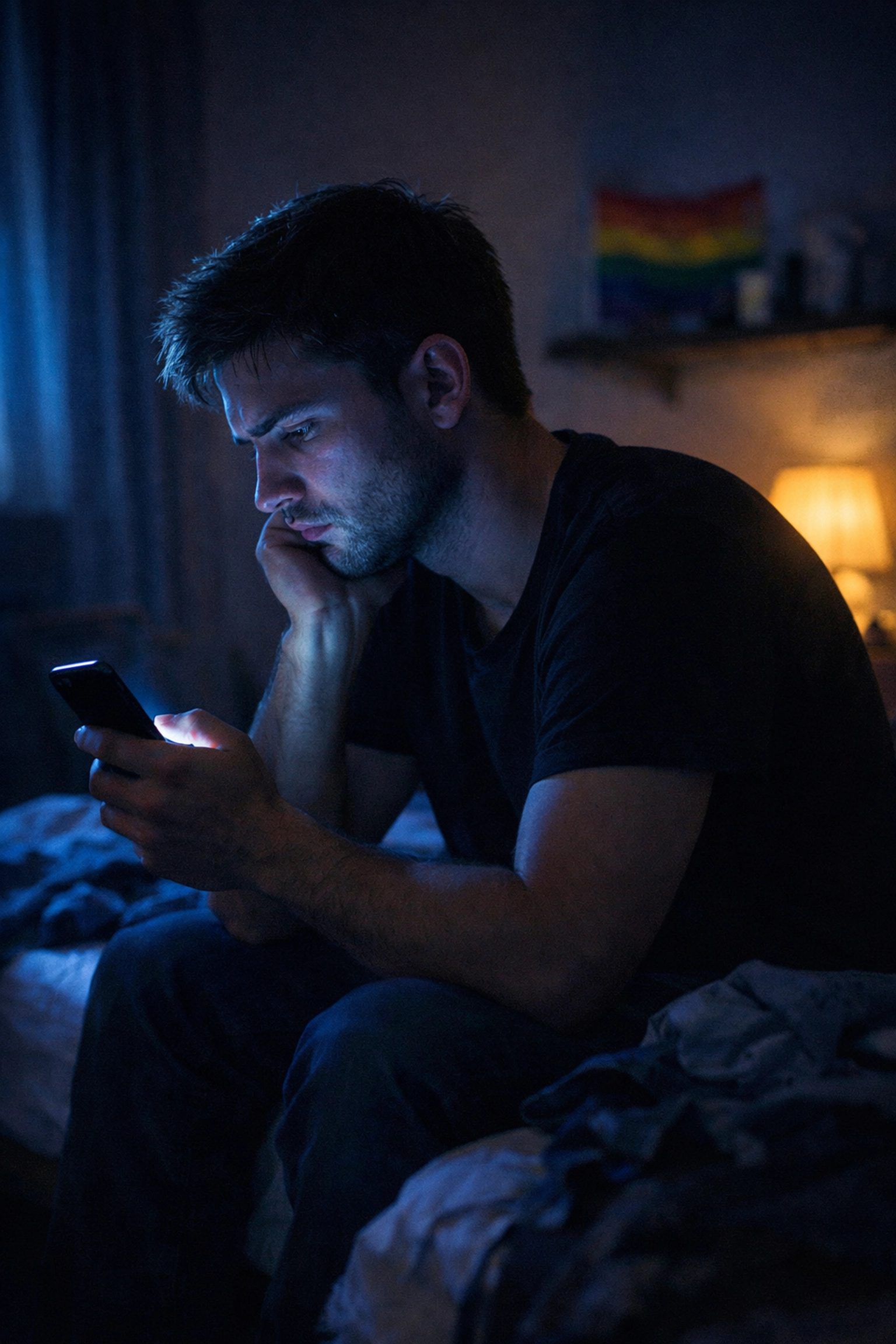 Gay man struggling with porn addiction isolation at night