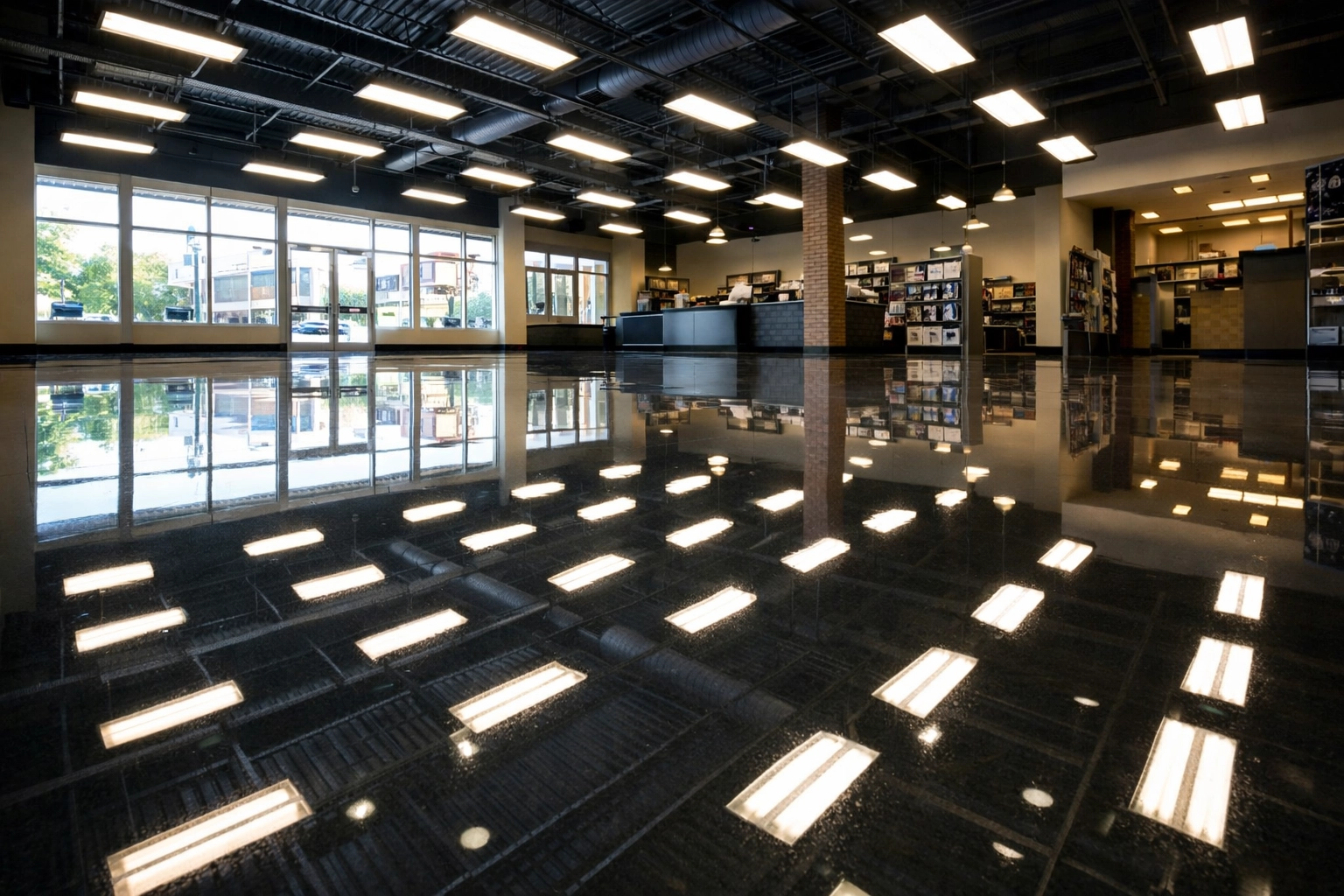 Freshly waxed commercial floor in Mount Pleasant retail space with mirror-like reflective finish
