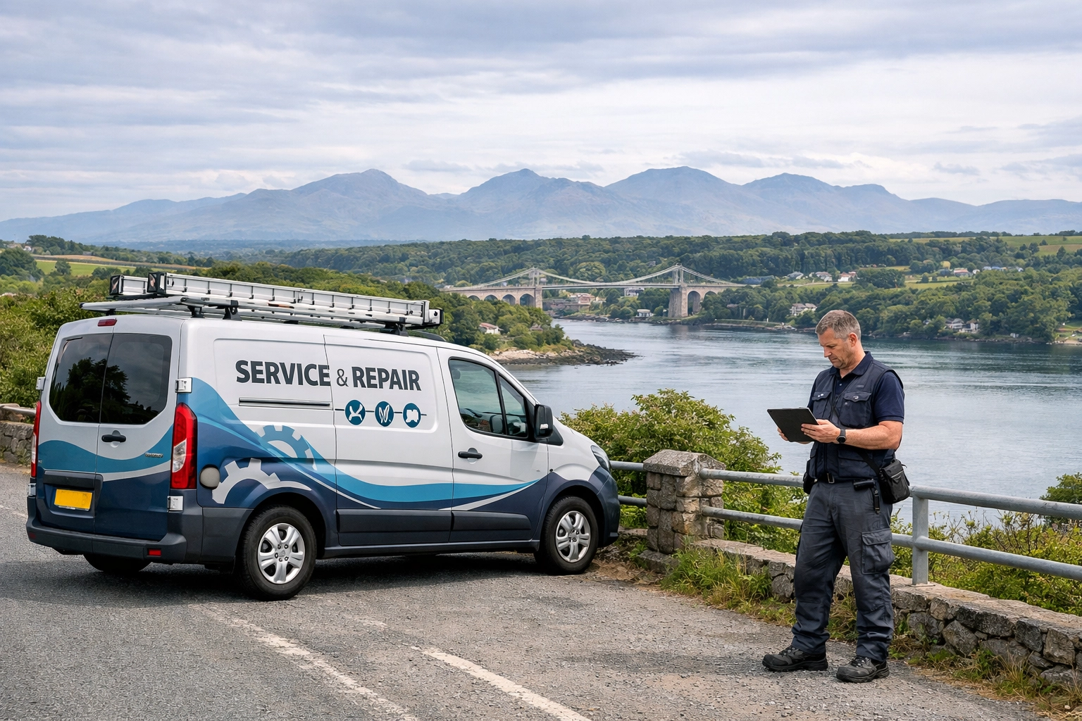 A service van on a North Wales road, highlighting wide service area coverage for local businesses.
