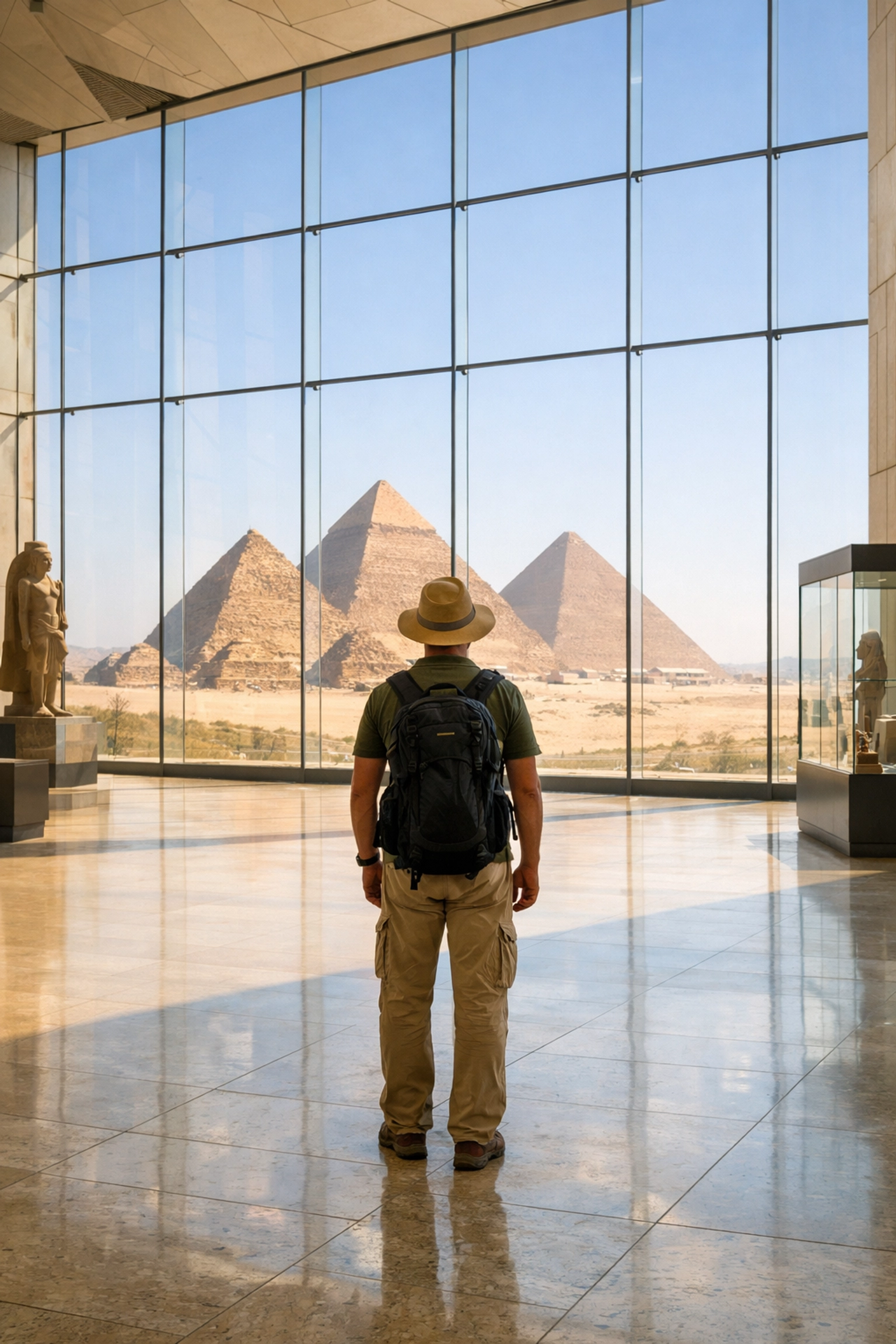 Interior of the Grand Egyptian Museum with views of the Giza Pyramids through large glass walls.