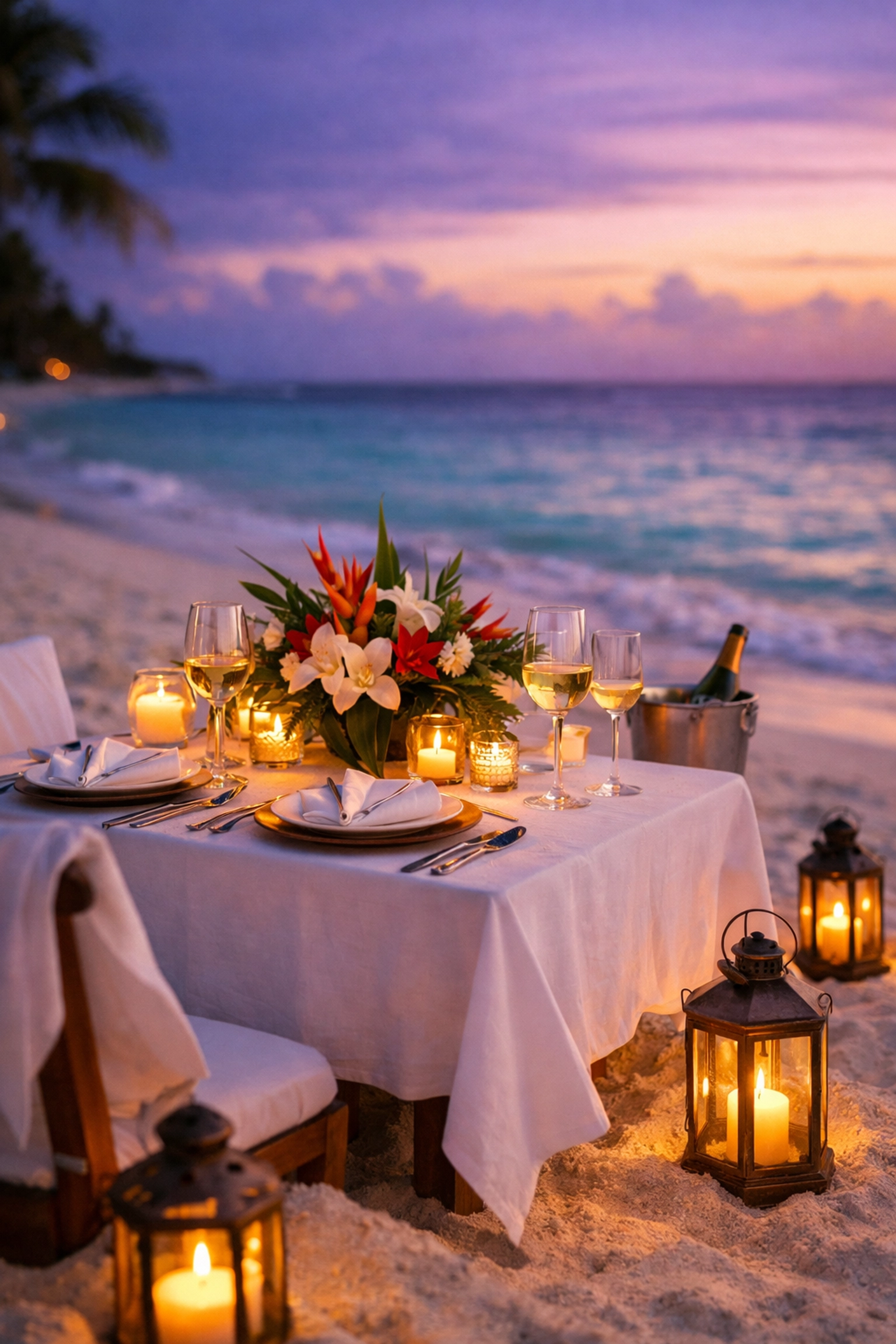Intimate candlelit dinner for two on a white sand Caribbean beach during a Sandals luxury getaway.