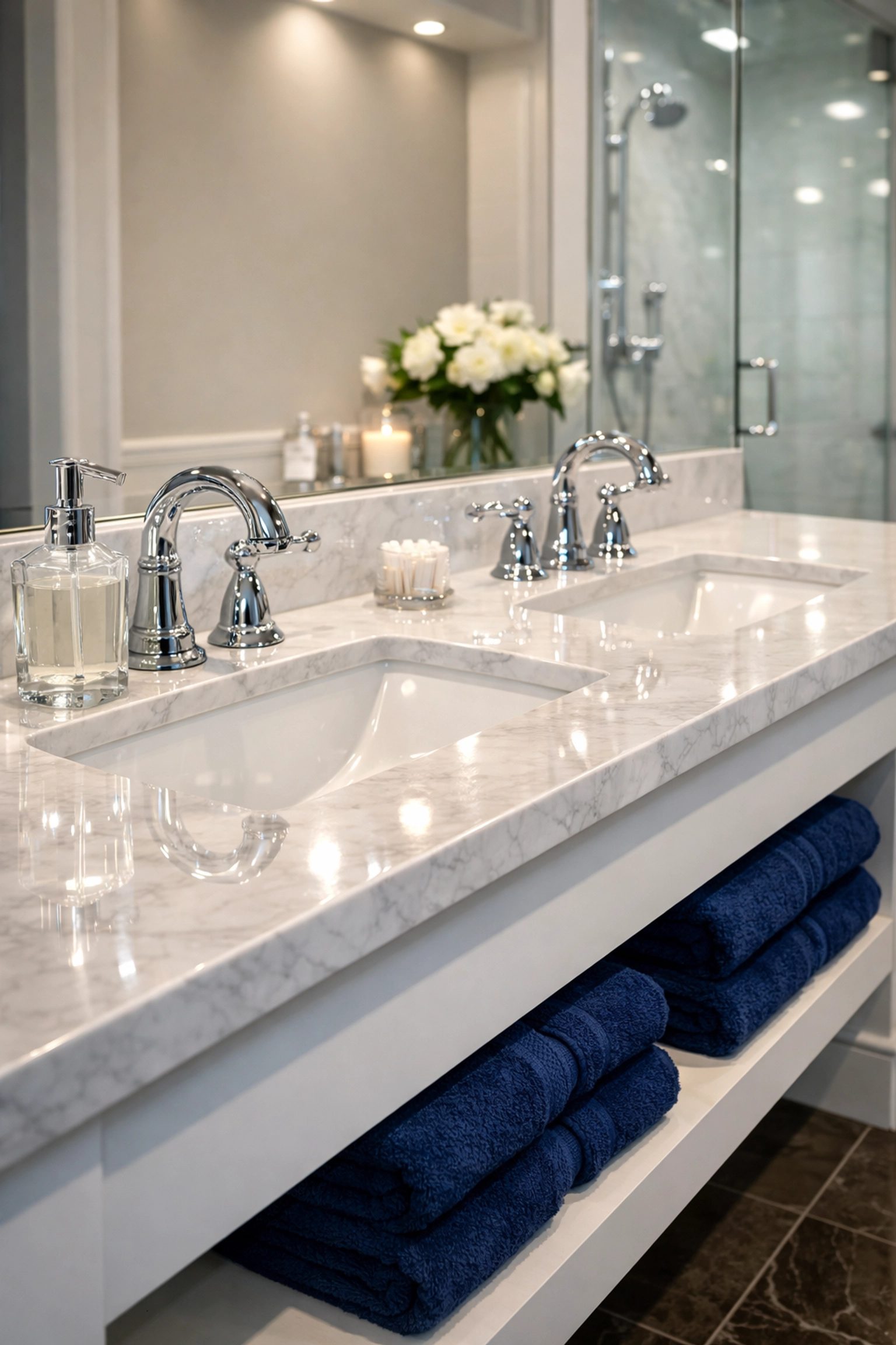 Sparkling clean luxury bathroom vanity showcasing residential cleaning Massachusetts in Hanover homes.