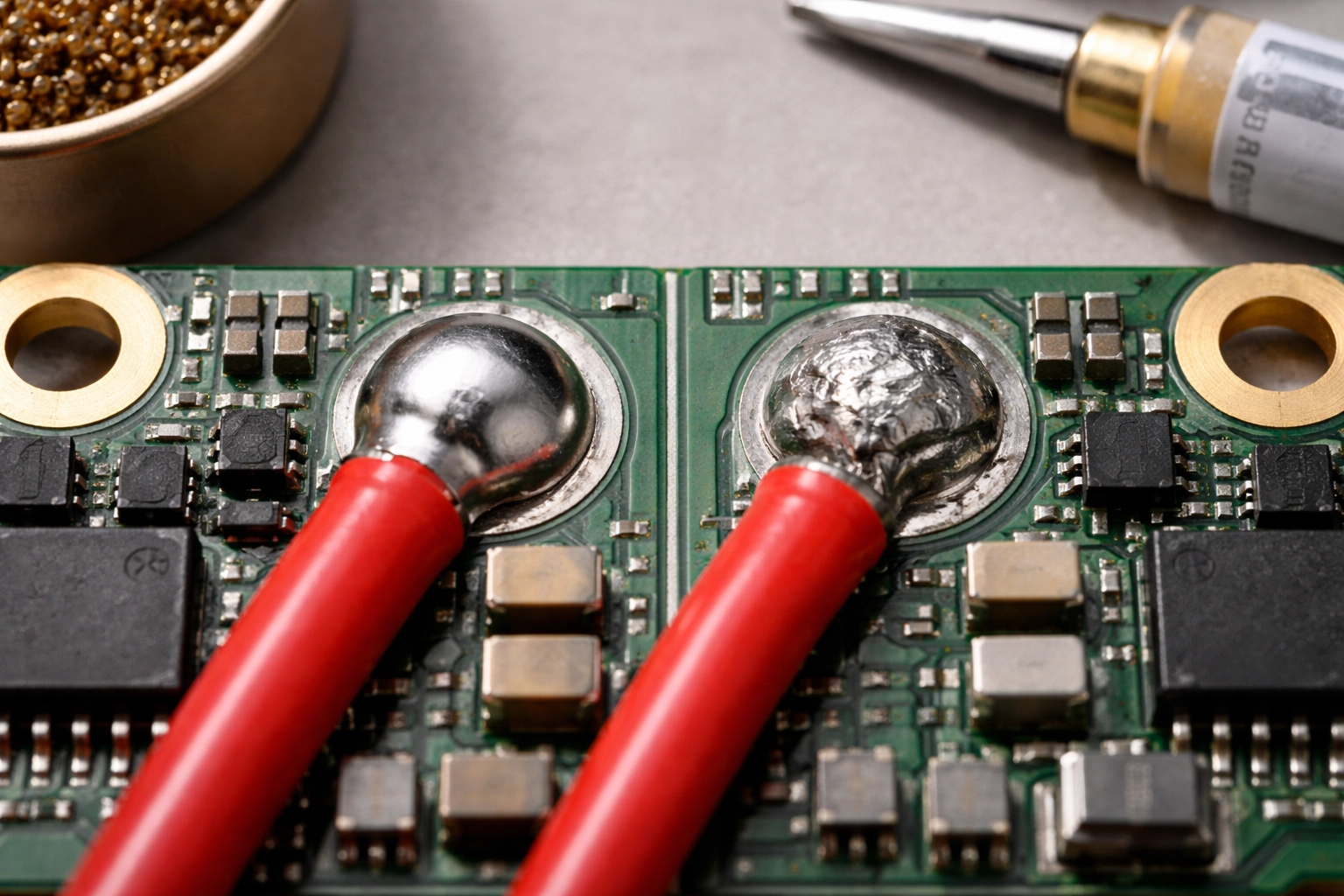 Comparison of good and bad solder joints on a drone ESC board for FPV drone maintenance