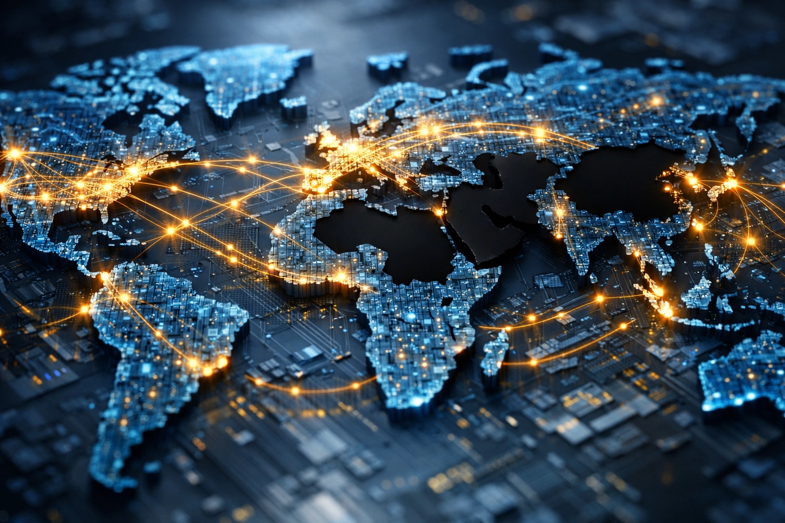 Digital world map illustrating the global financial system with dark gaps representing unbanked nations off the grid.