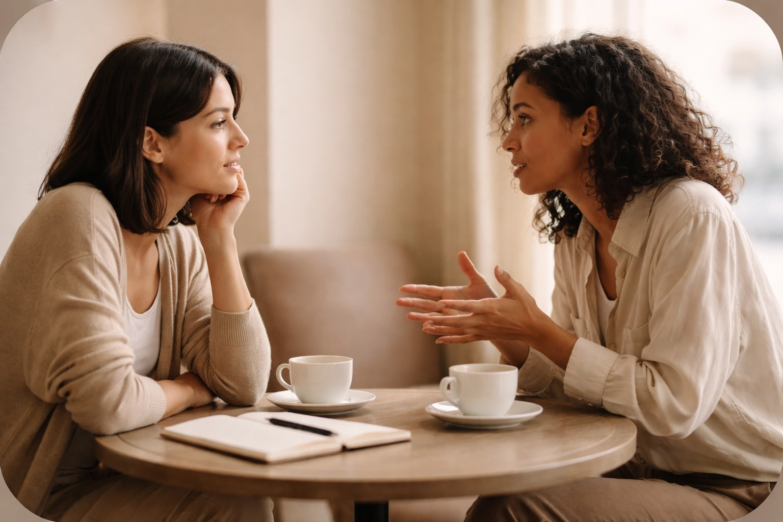 Two people connecting over a business conversation, illustrating the power of marketing relationships and storytelling.