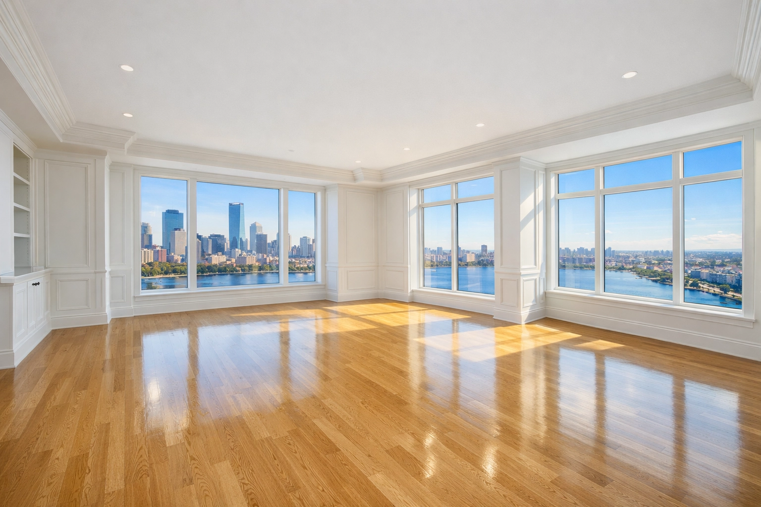 Spotless luxury living room in a Boston apartment showing professional move-out cleaning in Massachusetts standards.