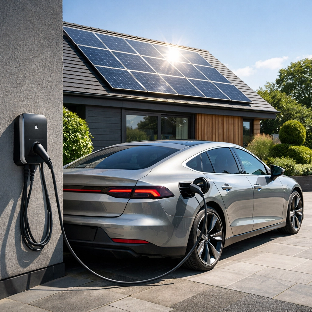 Electric vehicle charging at a modern home powered by a rooftop solar panel system.