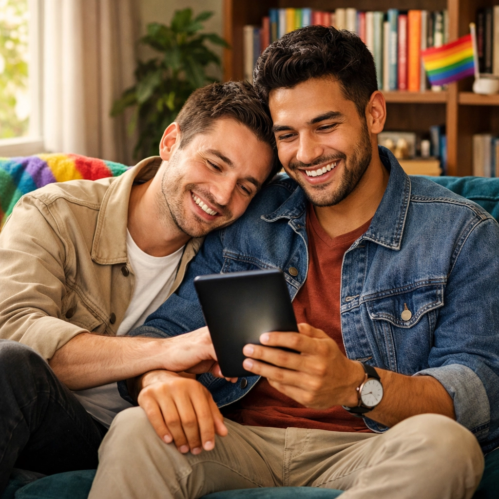 Two men smiling while reading an LGBTQ+ e-book together on a cozy sofa with rainbow accents.