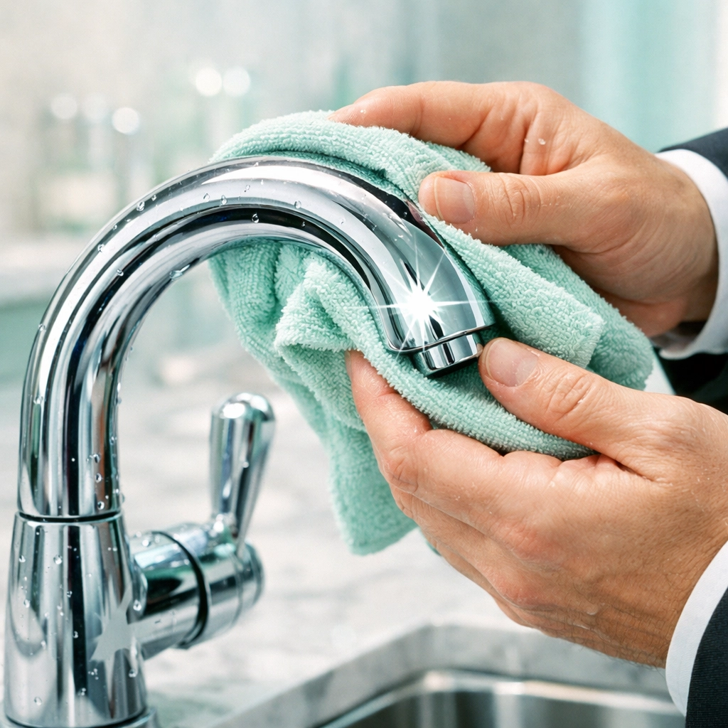 Meticulous professional house cleaning in Waterloo, IA, showing a sparkling clean kitchen faucet and countertop.