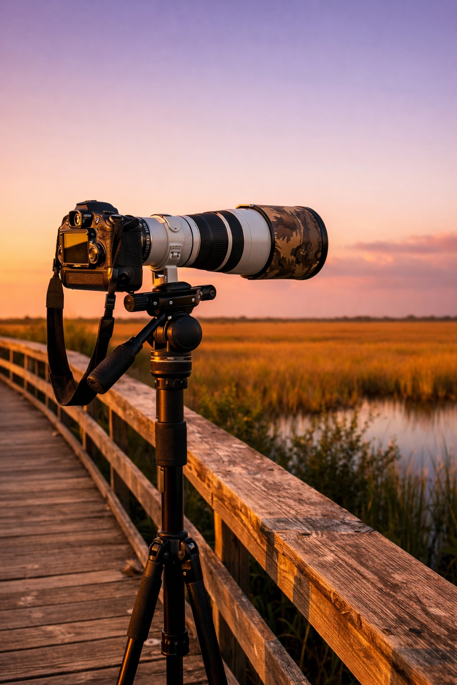 Professional camera with a telephoto lens on a boardwalk for an Everglades photography tour.