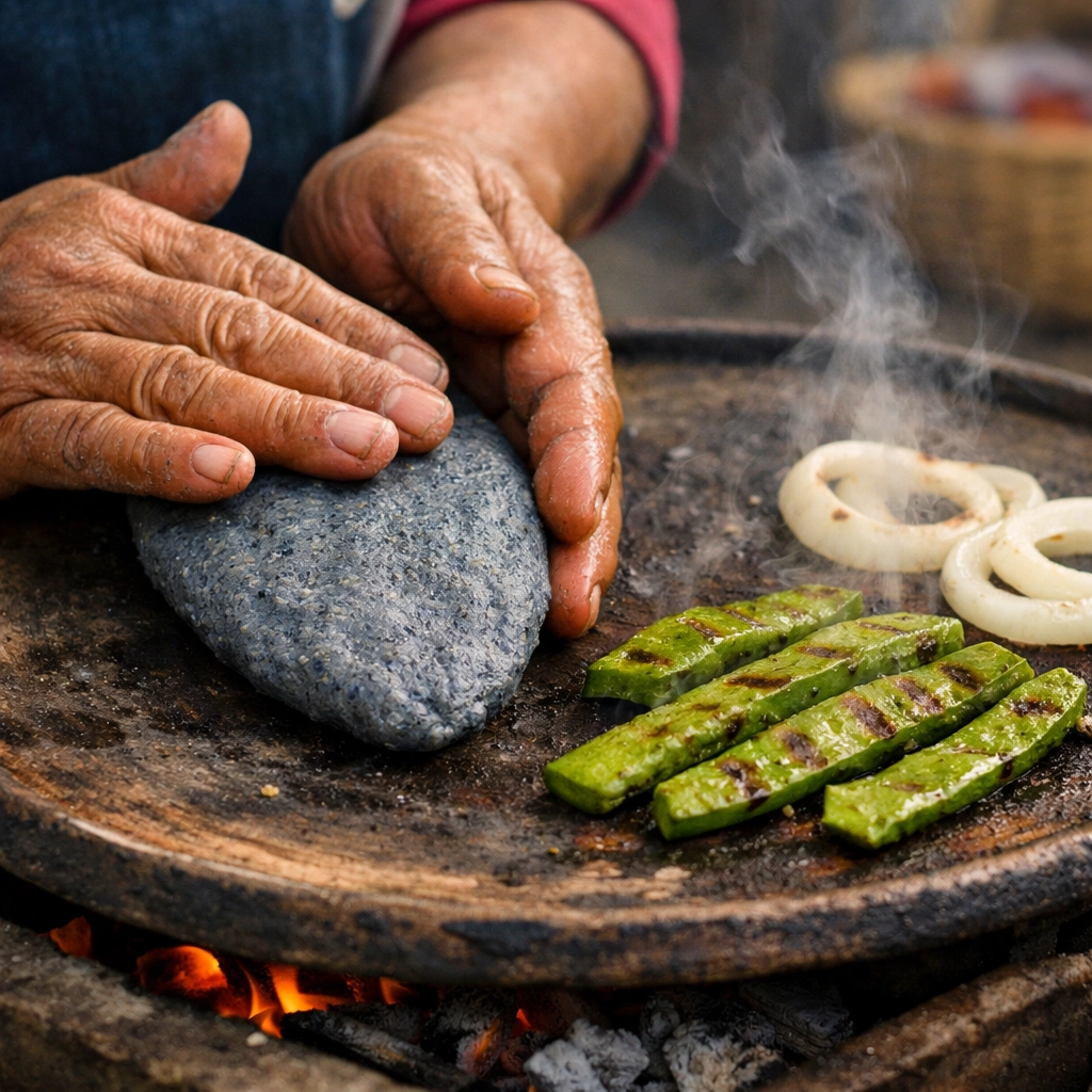 Hands shaping blue corn tlacoyos on a comal, one of Mexico City’s best cheap eats