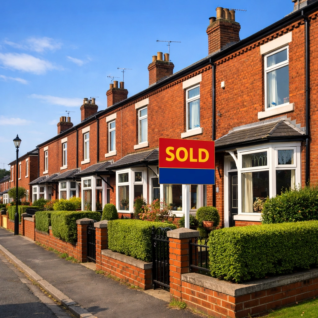 Traditional terraced houses in Oldham with sold sign showing affordable first-time buyer properties