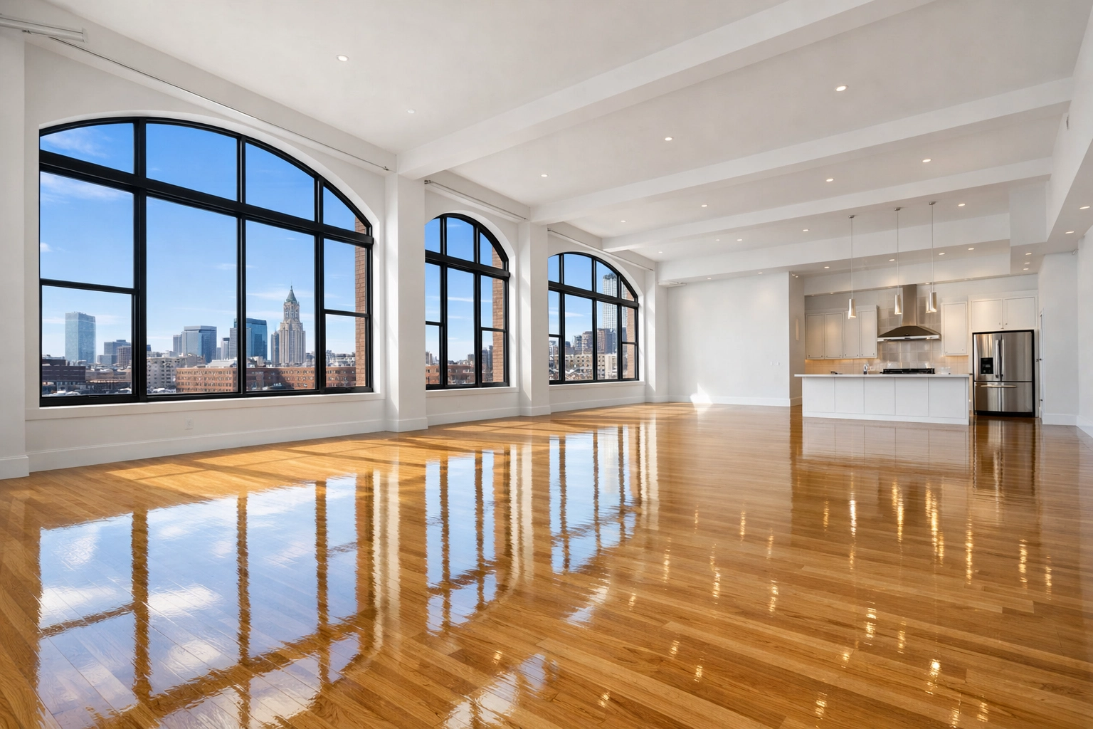 Pristine empty luxury Boston loft with gleaming hardwood floors after a professional apartment turnover.