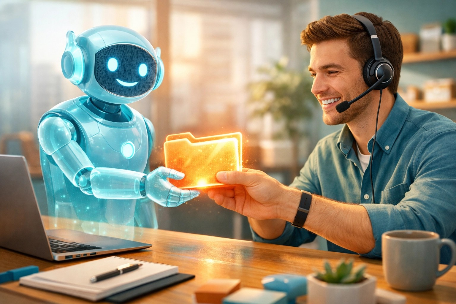 AI bot handing data to a support agent for a seamless customer service automation handoff.