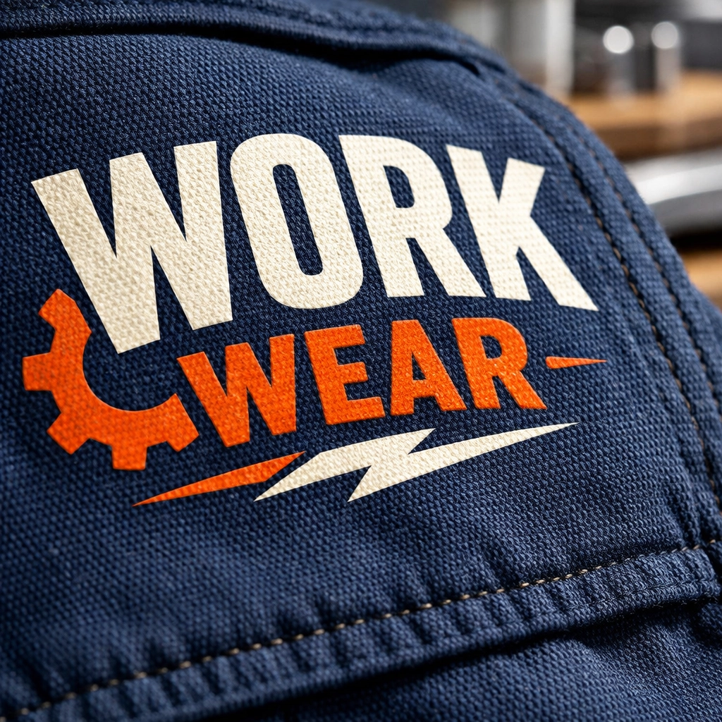 Close-up of high-quality screen printing on a navy work jacket, ensuring durable logos for bulk custom t shirts.