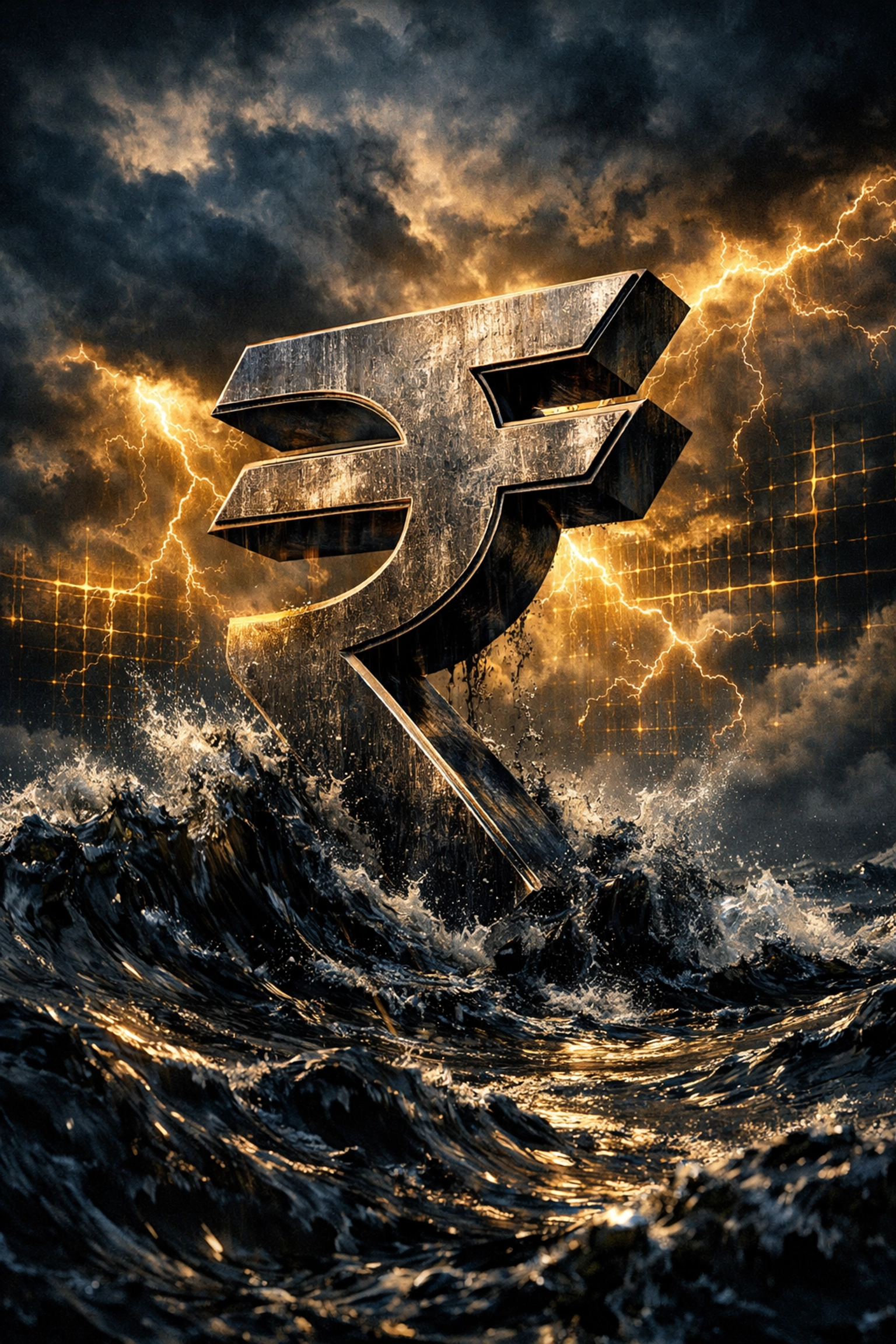 Indian Rupee symbol weathering a storm of rising oil prices as it hits a record low of 95.
