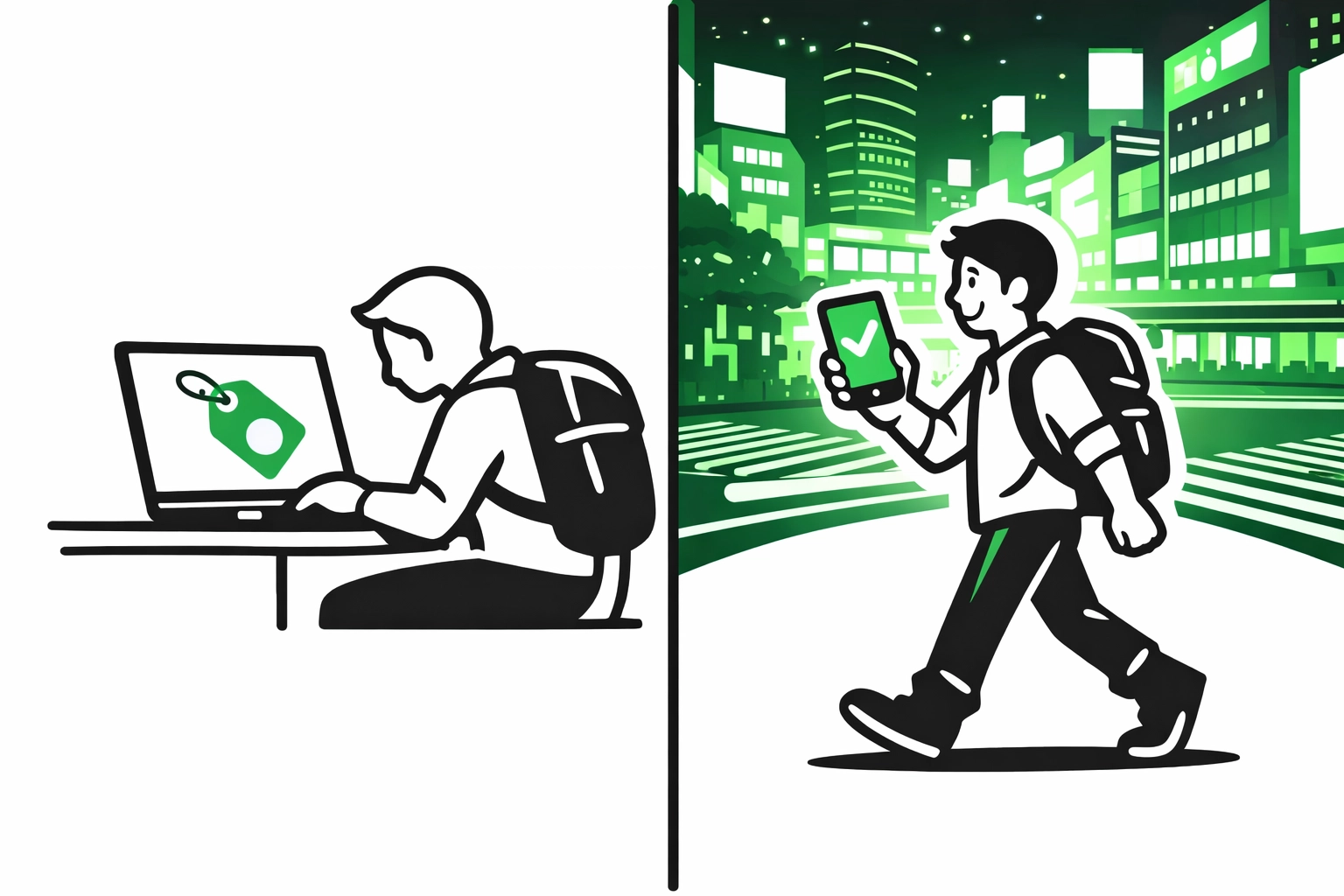 Minimal split-screen illustration of a traveler seeing a price drop on a laptop and then getting a refund confirmation on a phone while walking through Shibuya