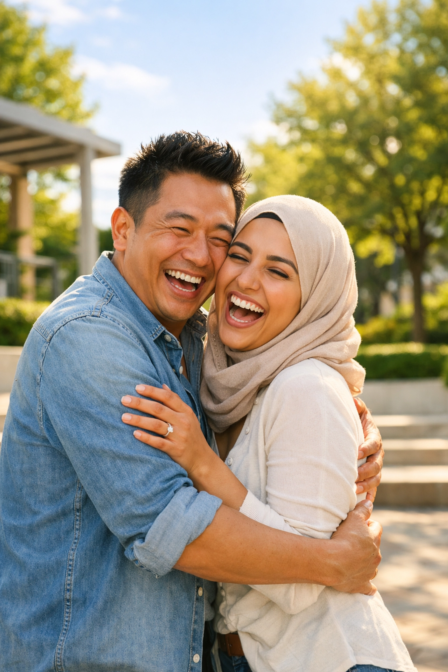 Pareja celebrando el éxito de su caso migratorio tras usar el método WIN en Sacramento.