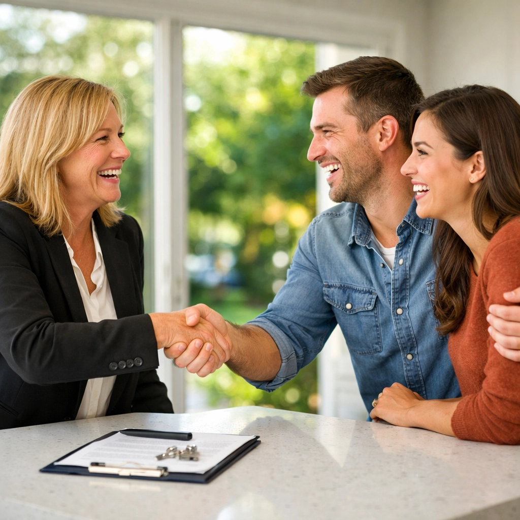 Successful Cape Coral realtor shaking hands with home buyers at the closing of a sale.
