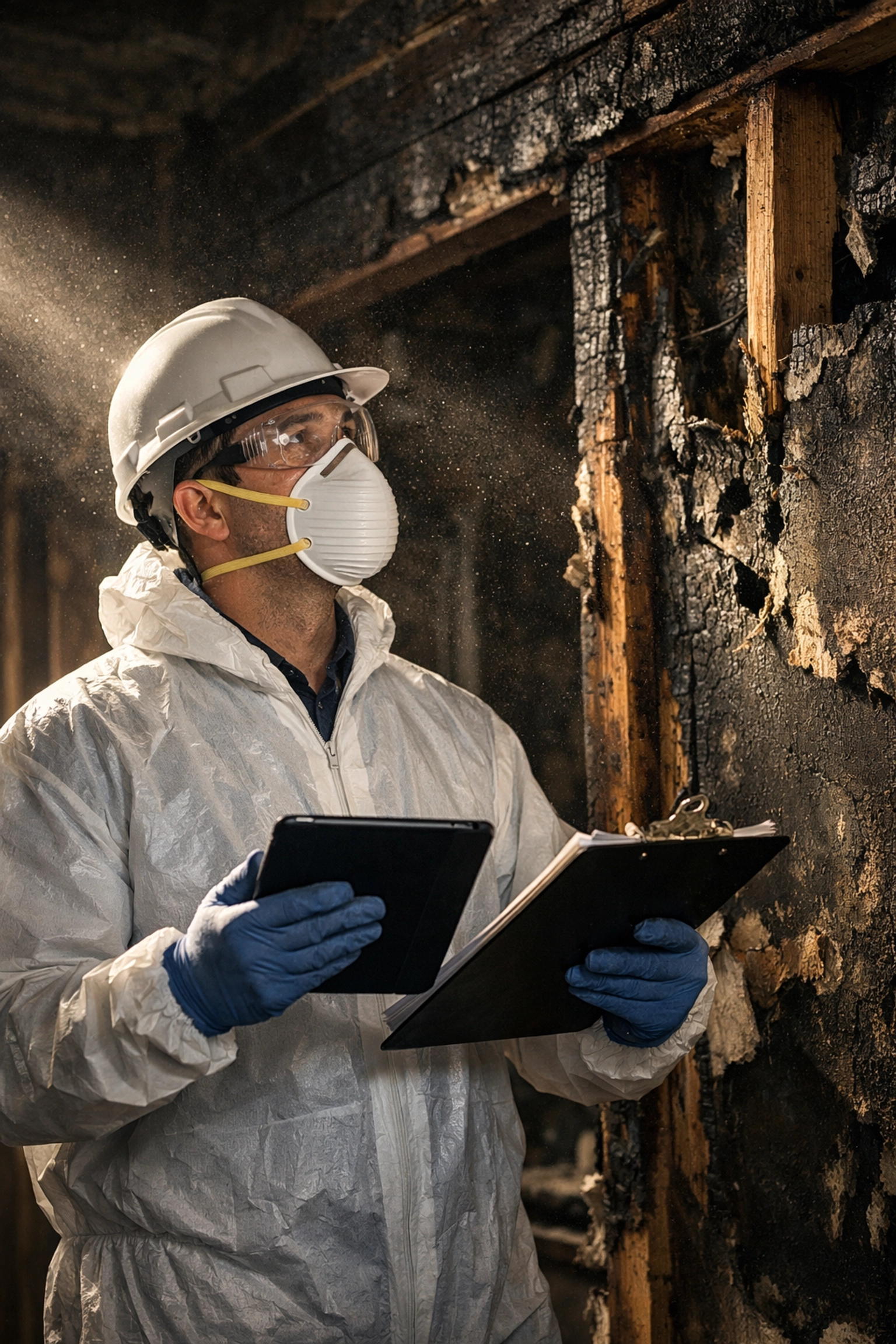 Professional restoration contractor assessing fire and structural damage during property inspection