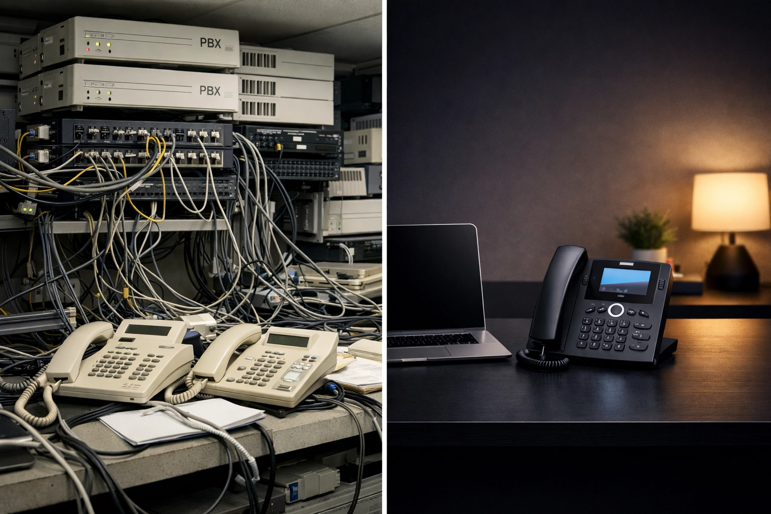 Comparison of cluttered traditional phone system versus clean modern VoIP setup