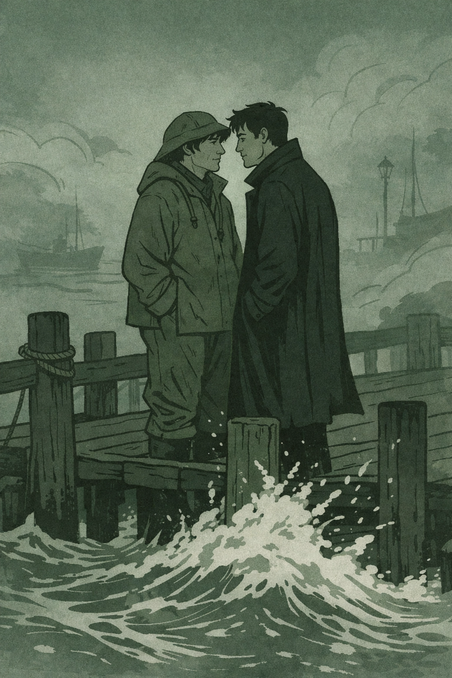 Two men meet on foggy dock in gothic MM romance Curse of the Tides