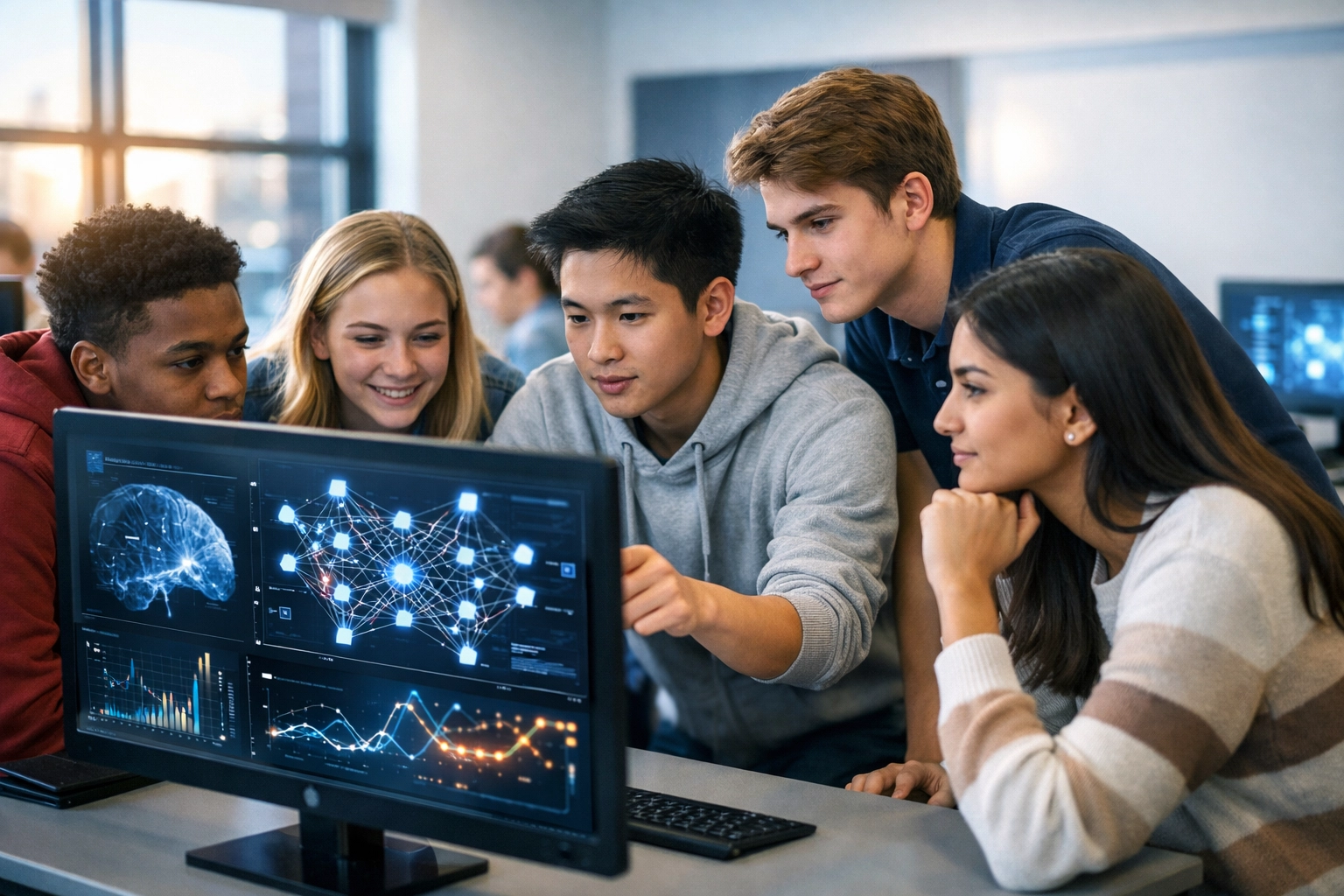High school students analyzing AI data visualizations in a computer lab for tech talent pipeline development.