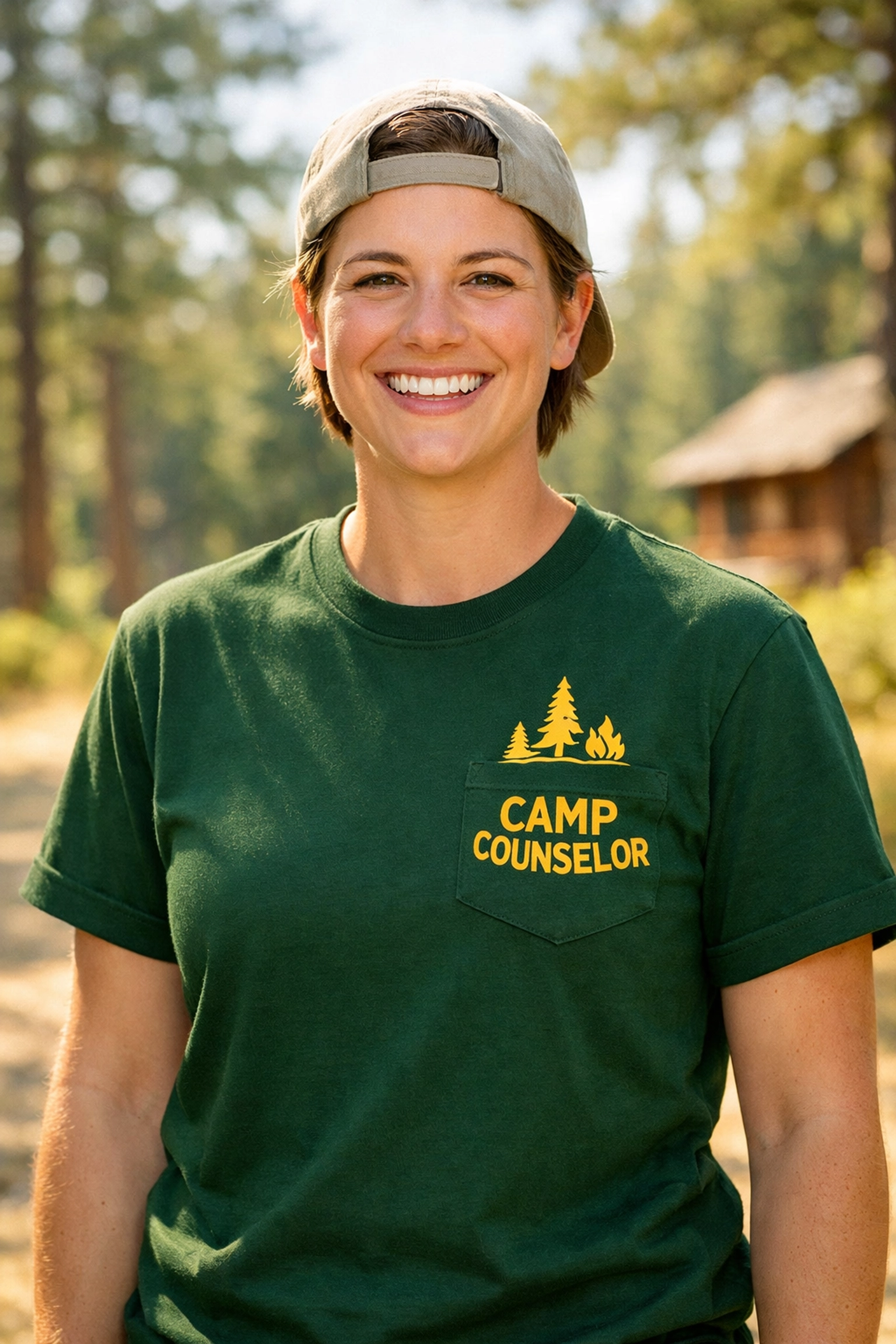 Friendly camp counselor wearing a professional forest green staff t-shirt in the woods.