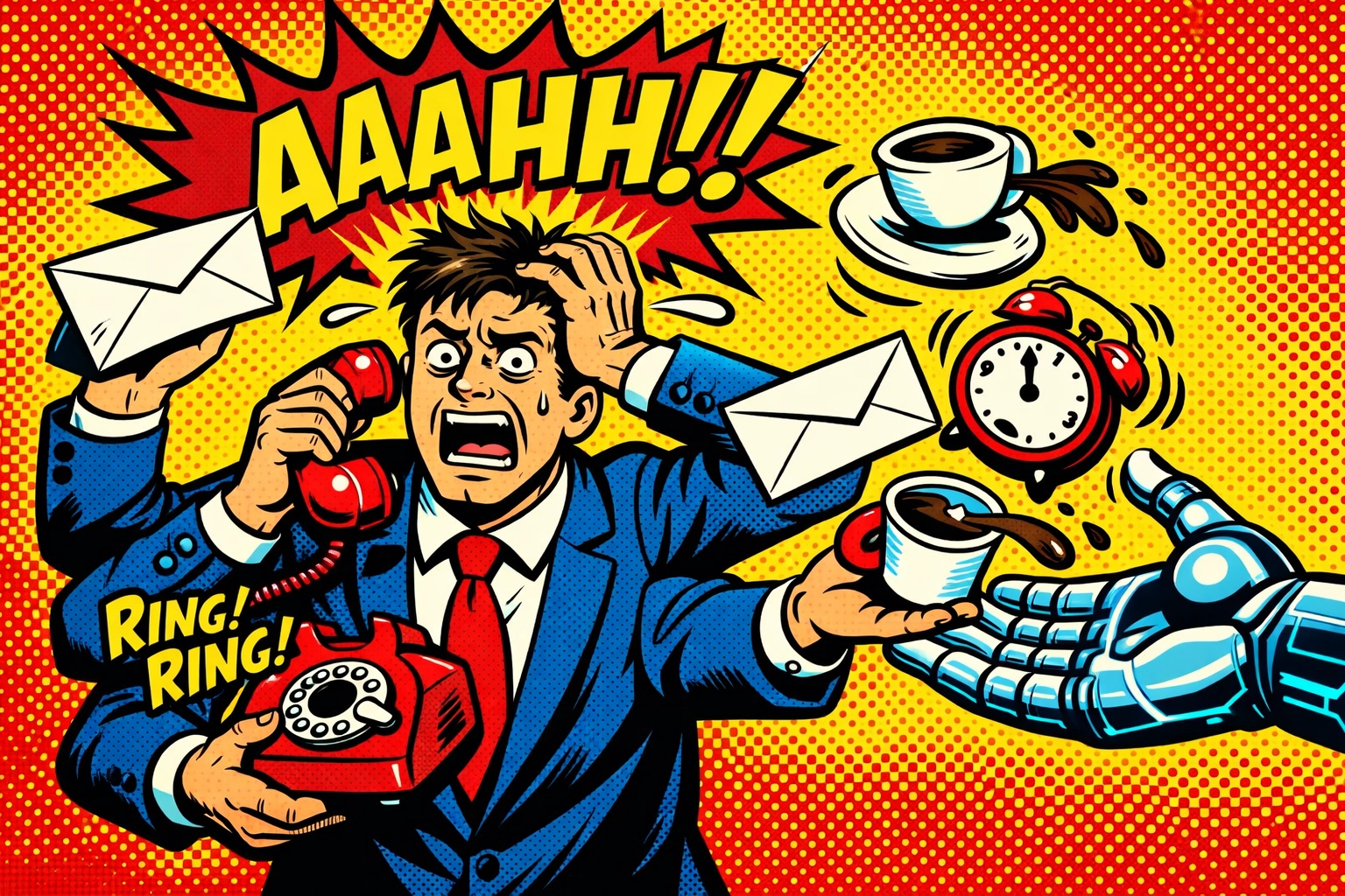 Comic art of an AI virtual assistant for business helping a busy owner automate customer support tasks.