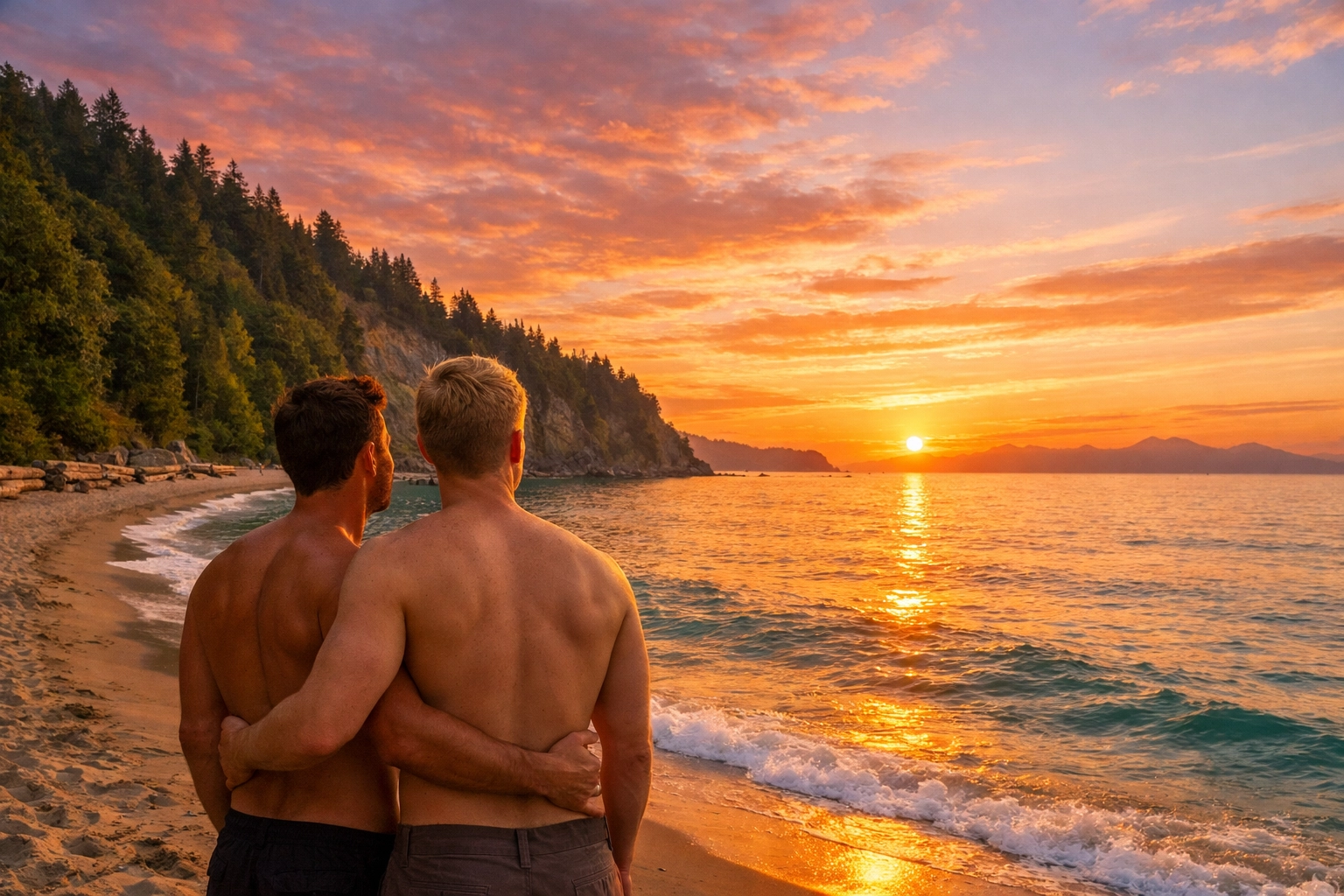Gay couple watching sunset at Wreck Beach, Vancouver's clothing-optional LGBTQ+ beach
