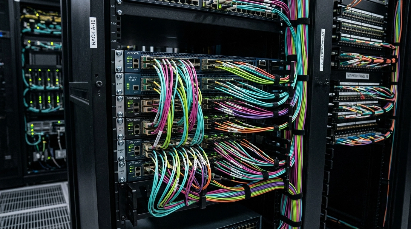 Detailed view of a data center networking rack showing a dense arrangement of fiber optic cables and transceivers for 1.6T networking.