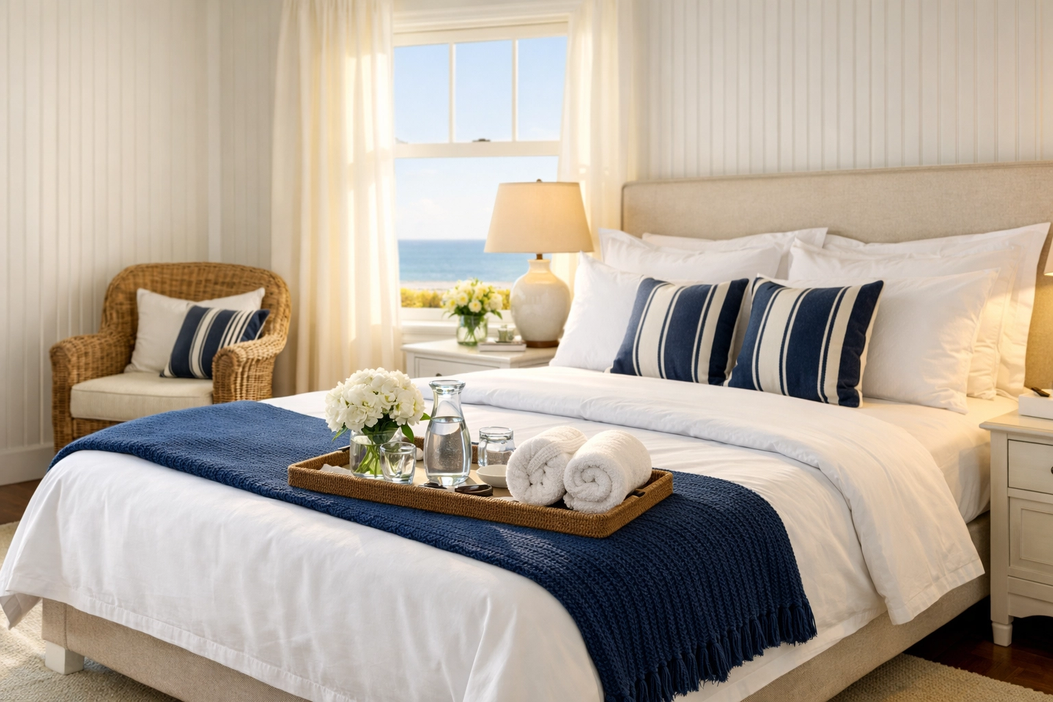 Guest-ready luxury bedroom in Nantucket with crisp white linens and ocean views after a professional cleaning.