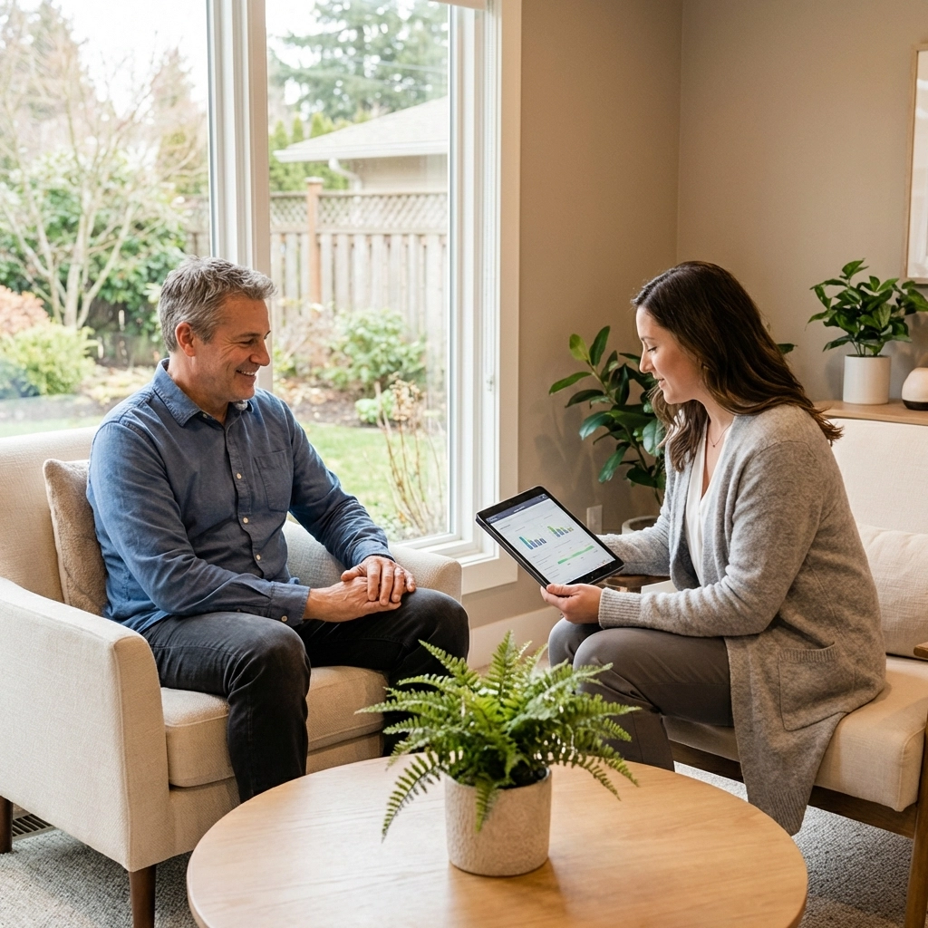 Male patient consulting with healthcare provider about safe metabolic peptide therapy in a wellness clinic