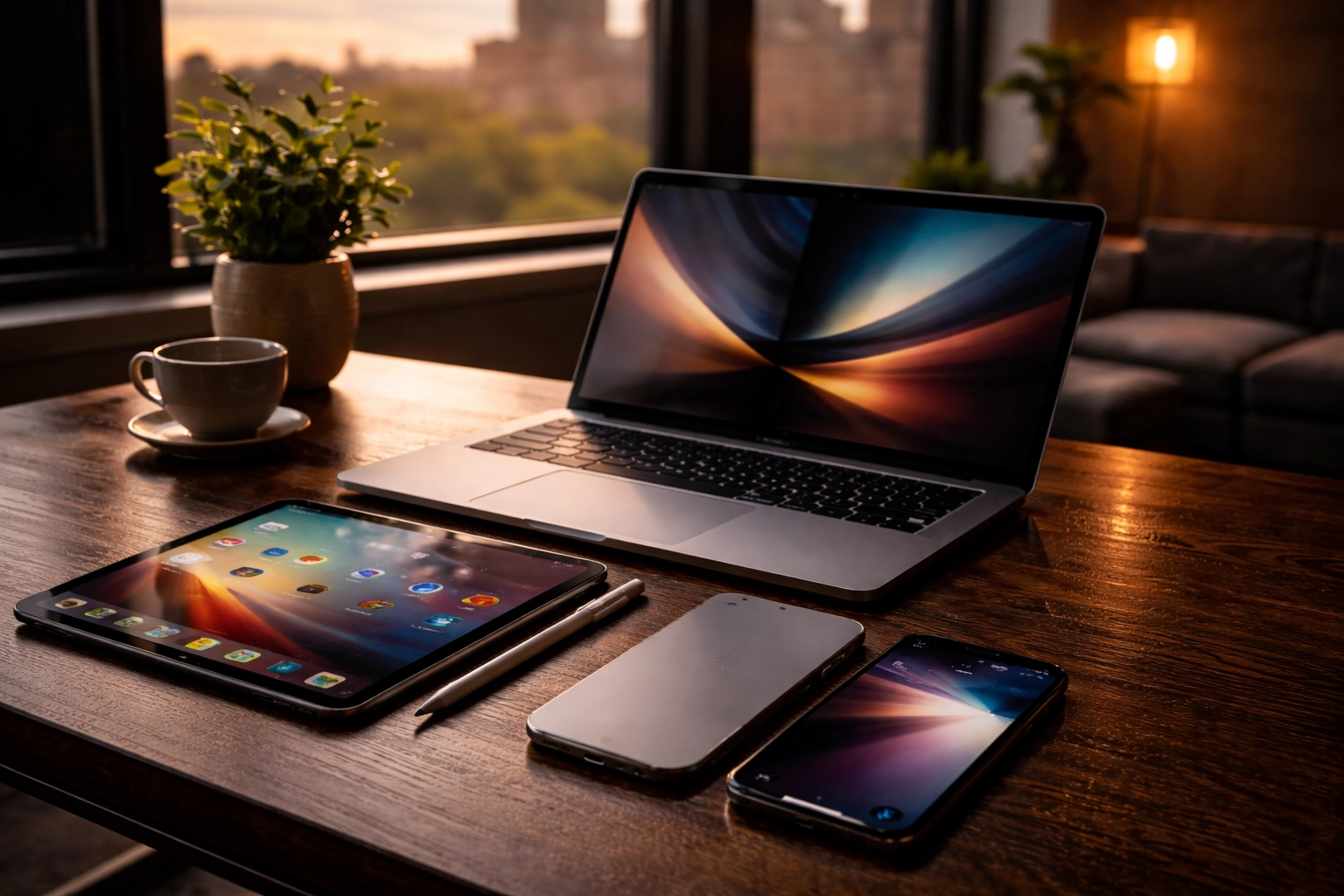 Diverse refurbished Apple devices on wooden table in Brooklyn apartment, representing certified used tech purchase experience.