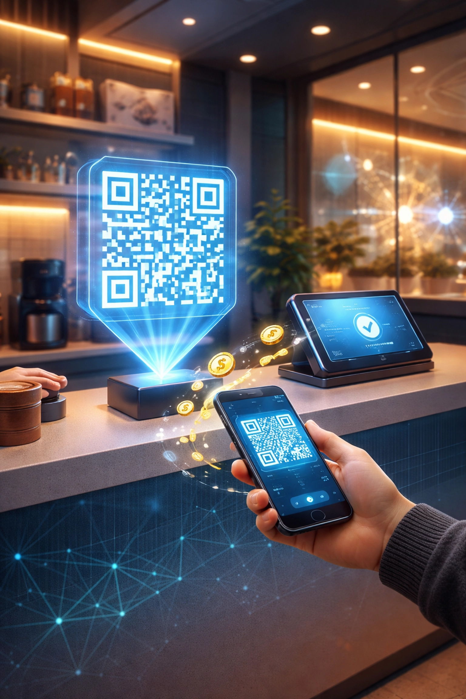 Customer scans QR code at modern crypto POS in small business, illustrating Larecoin payment innovation