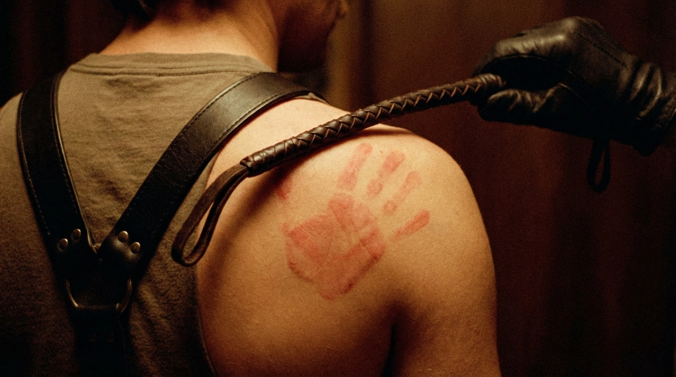 Kneeling submissive in leather harness and shibari-inspired rope with sensory deprivation gear, Dominant presence implied just out of frame