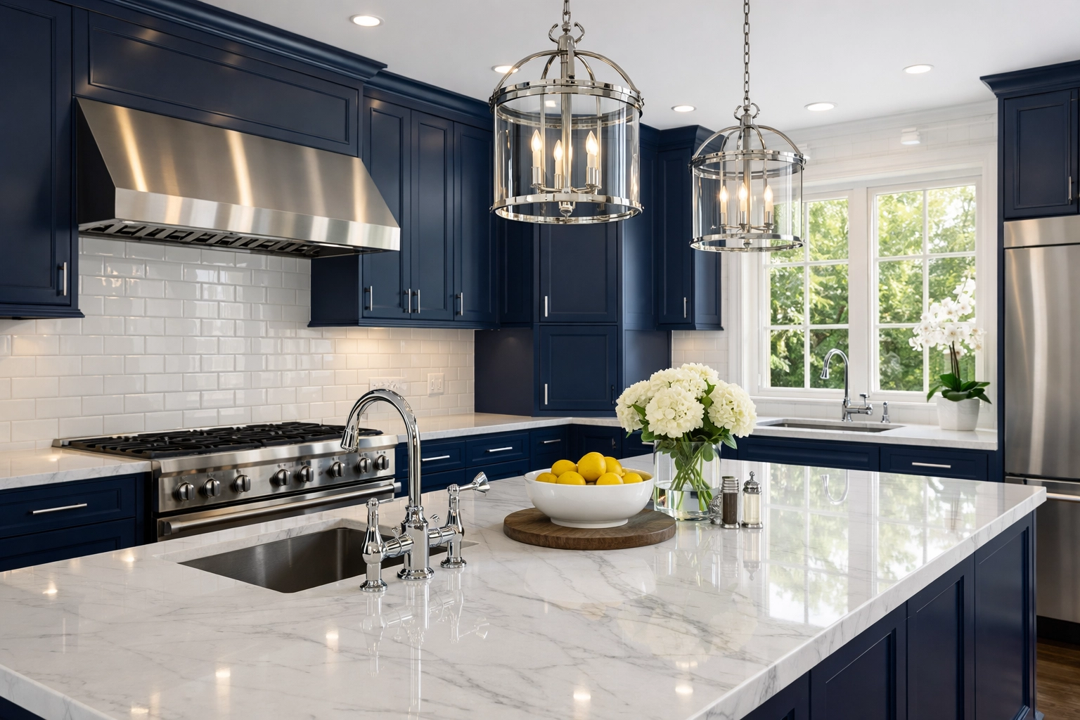 Pristine renovated kitchen in Walpole showing the results of professional post construction cleaning on marble counters.
