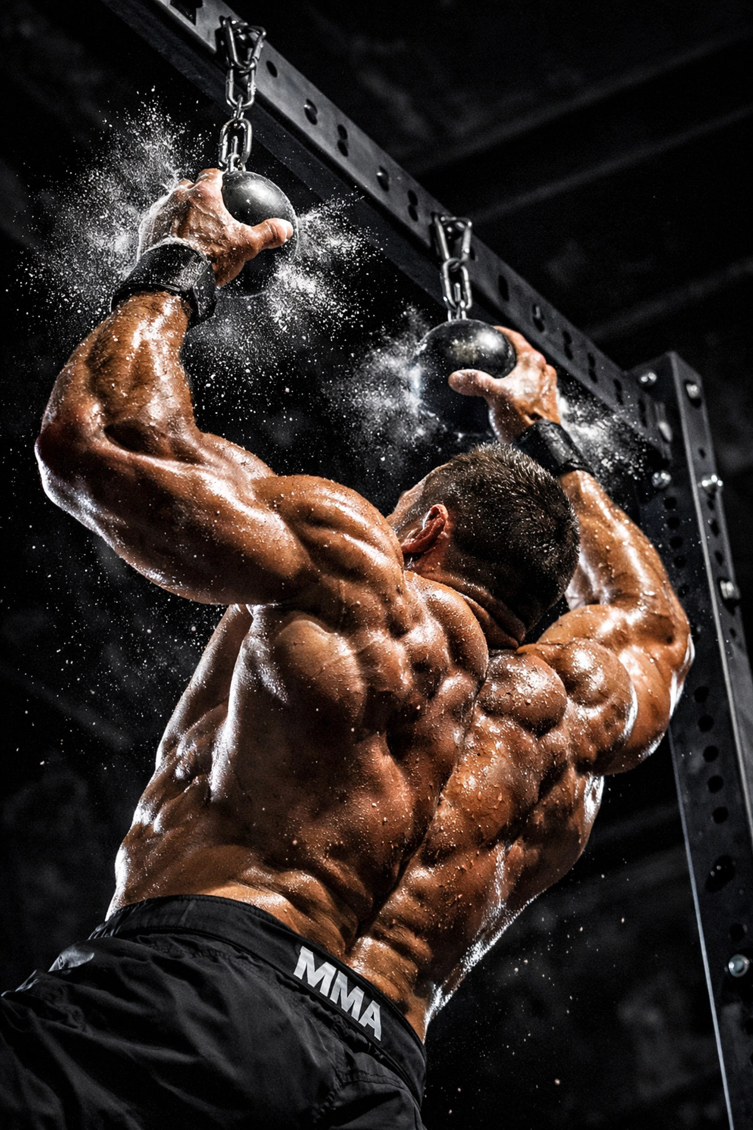MMA athlete using cannonball grips on a vertical rail, a powerful pull up bar alternative for home gyms.