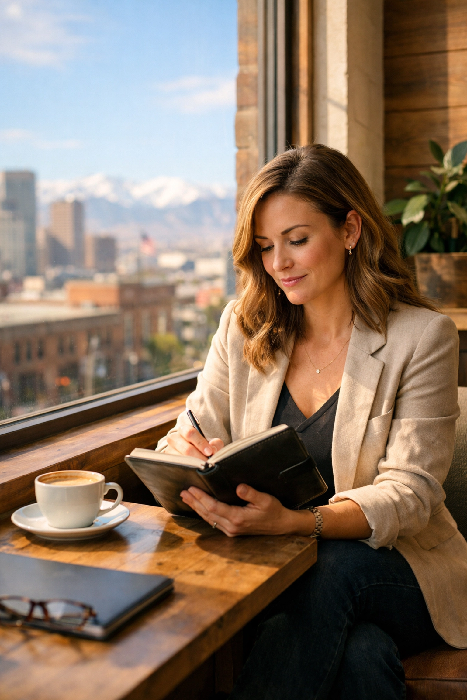 Woman entrepreneur setting business goals in a Denver café