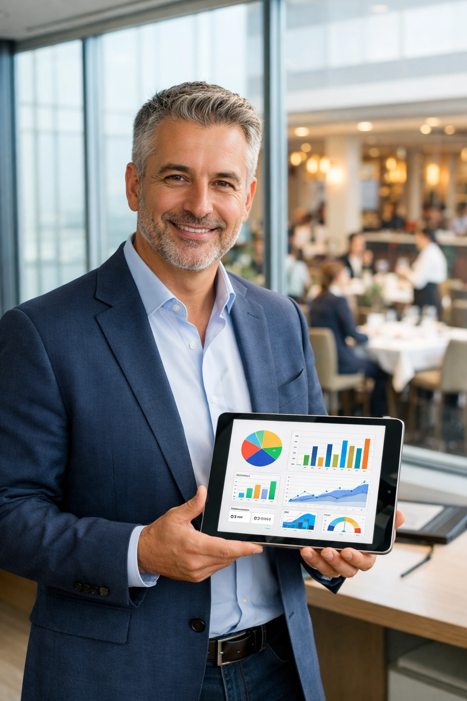 Restaurant owner using a data dashboard on a tablet to track growth and restaurant investment for new business scaling.