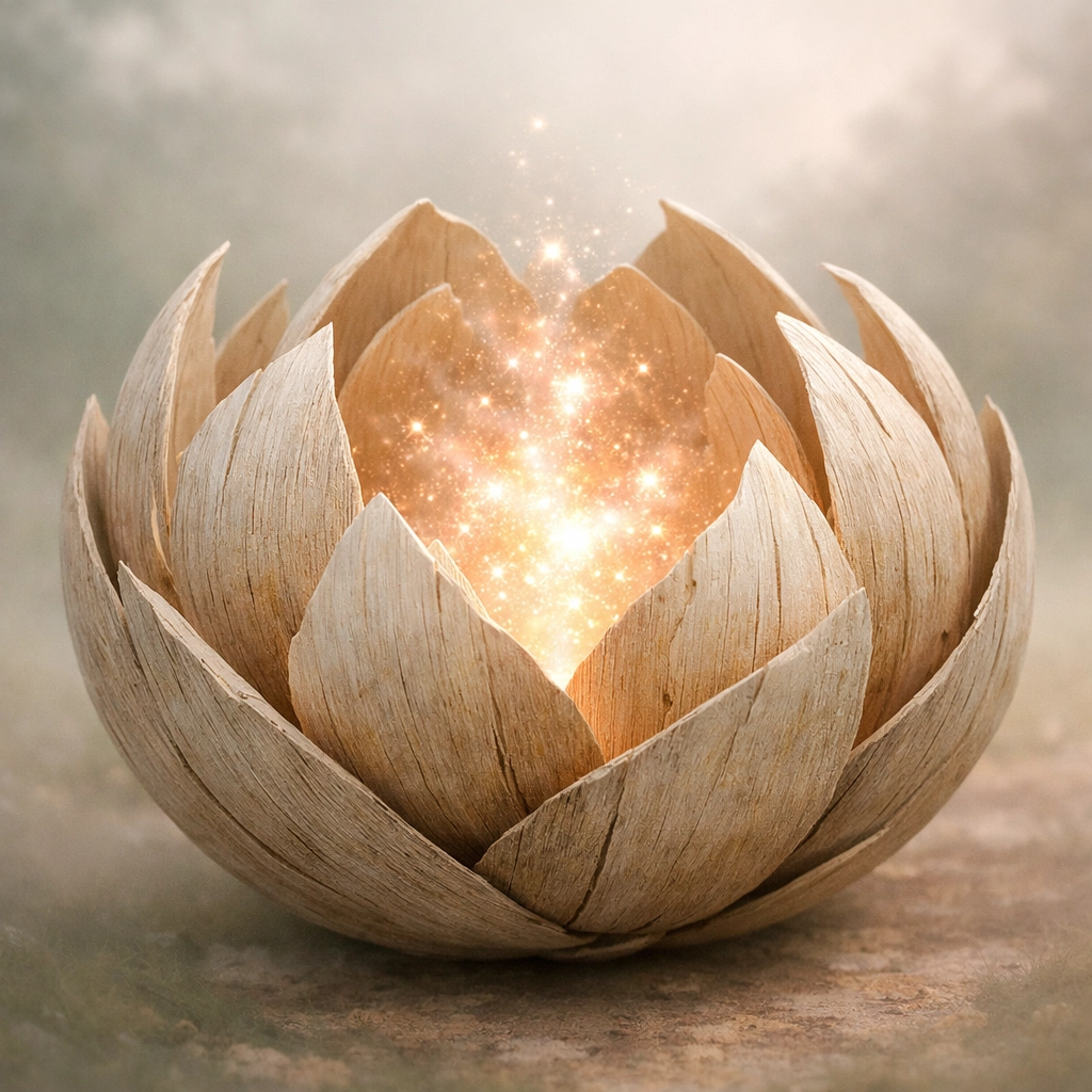 An unfolding wooden flower with a celestial glow symbolizing the integration of Psychoastrology and inner healing.