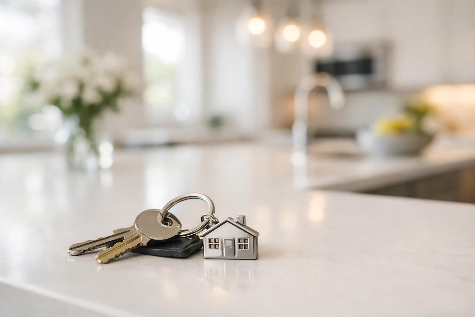 House keys in a sunny kitchen representing a successful real estate transition and asset protection.