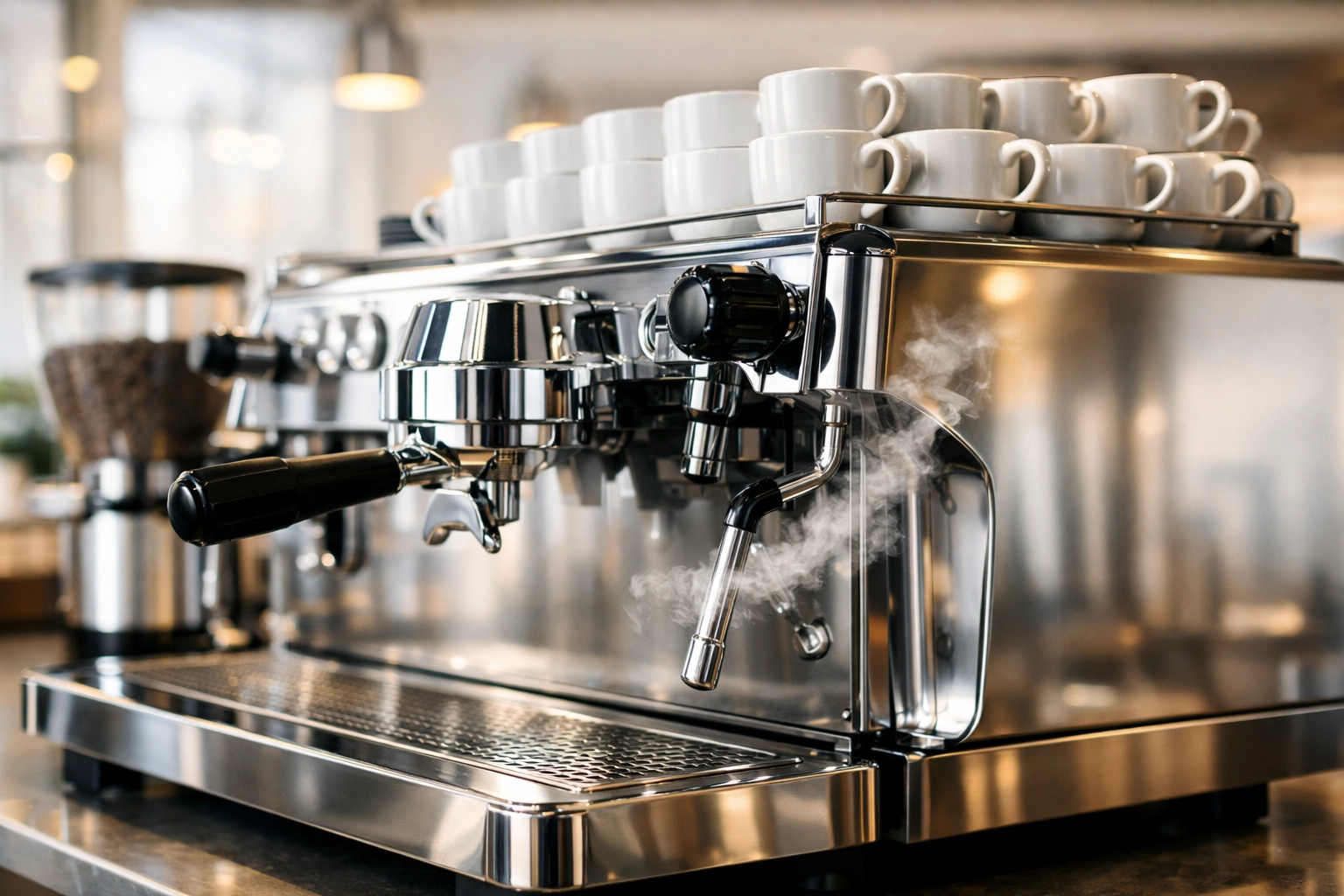Professional stainless steel espresso machine in a bright café, representing high-quality wholesale coffee equipment.