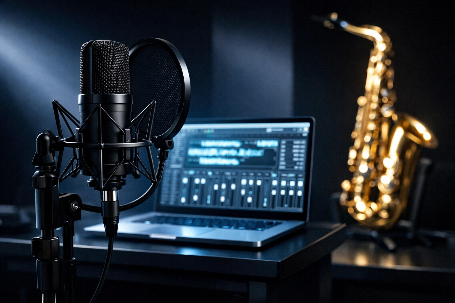 Recording studio with microphone, laptop, and saxophone for Spotify music release