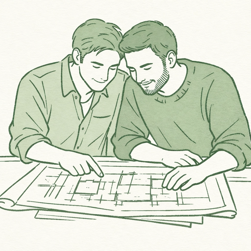 Gay couple reviewing architectural blueprints for chosen family living spaces